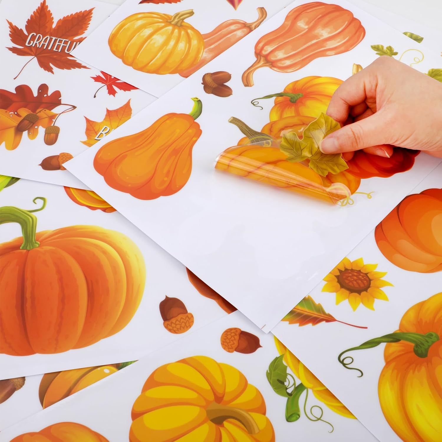HOWAF Decoraciones de calabaza de Acción de Gracias, 9 hojas de calcomanías de ventana de doble cara de Hello Pumpkin para otoño, cosecha de Acción