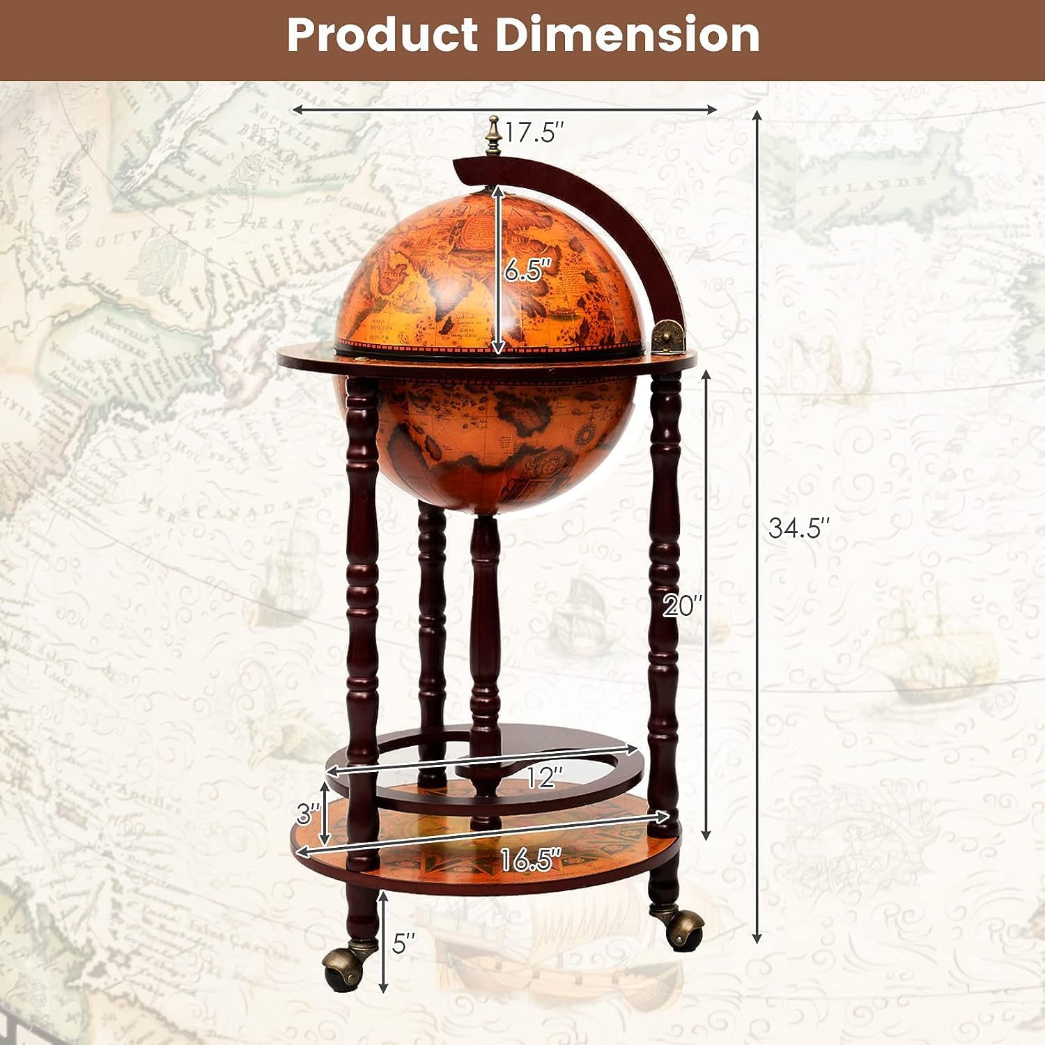 GOFLAME Wood Globe – Soporte para bar de vinos, estante italiano del siglo XVI, estante para botella de licor, gabinete de barra de globo con