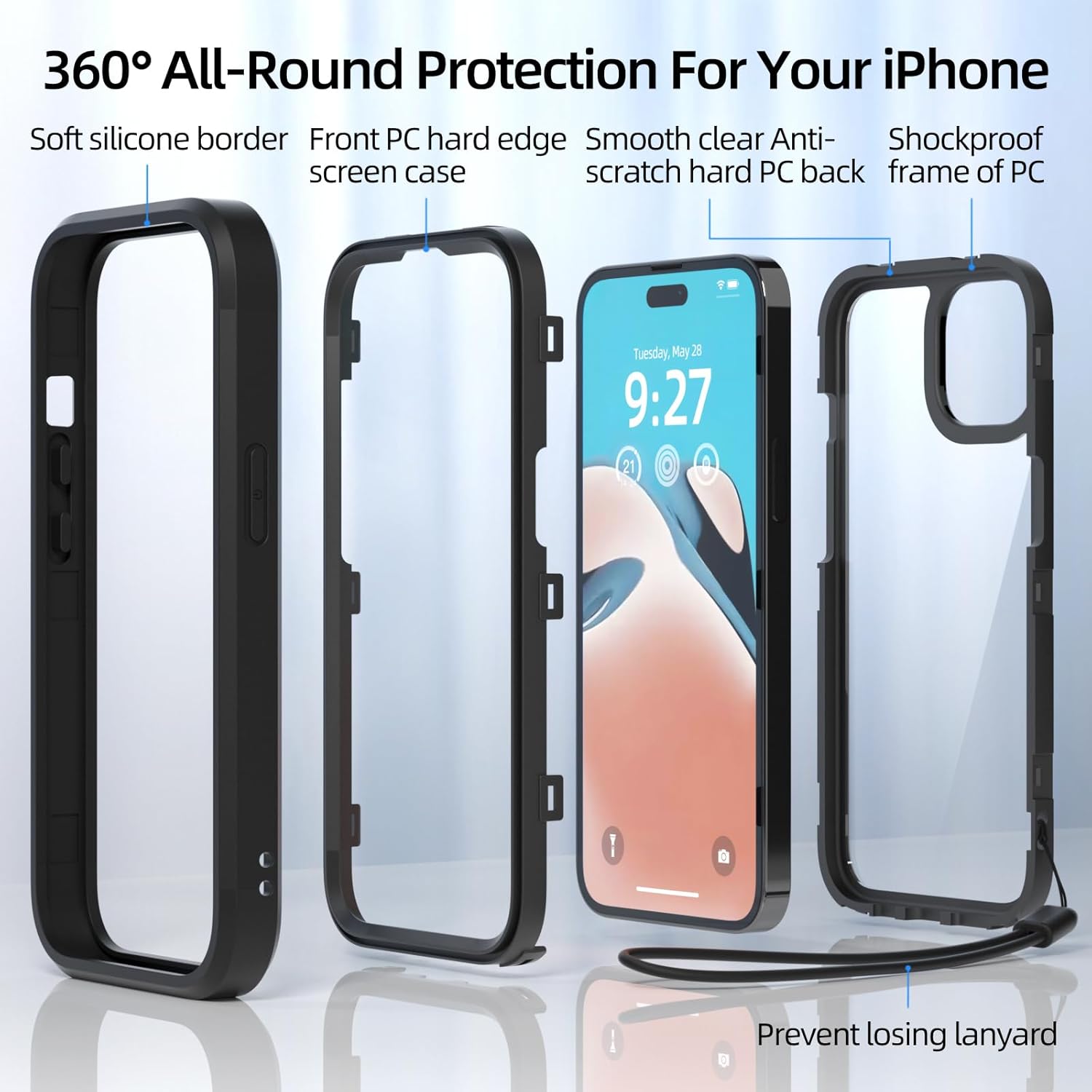 WXR Compatible con iPhone 15, parachoques de silicona suave y parte trasera de policarbonato duro transparente e interior de policarbonato duro,