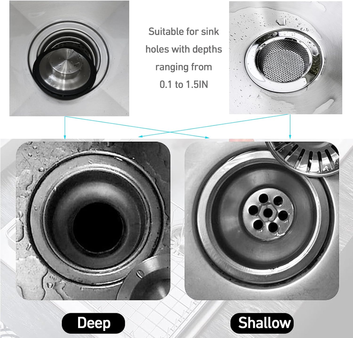 4 coladores de drenaje para fregadero de cocina, tapa de fregadero de 3.37 pulgadas + tapón de eliminación de basura de 4.4 pulgadas, coladores de
