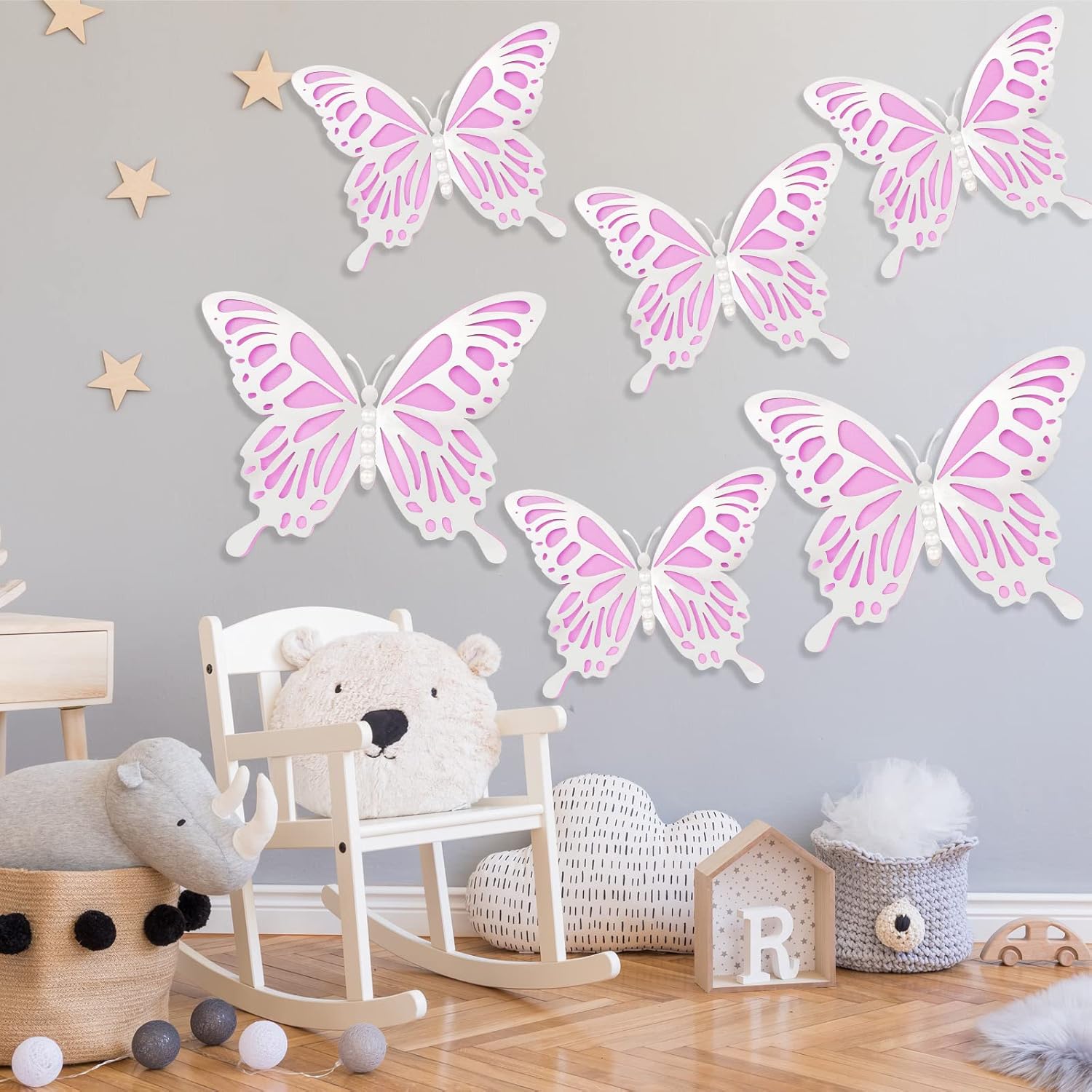 HMASYO 12 piezas de decoración de fiesta de mariposa grande con perlas, mariposas de papel grandes moradas en 2 tamaños, decoración de mariposa