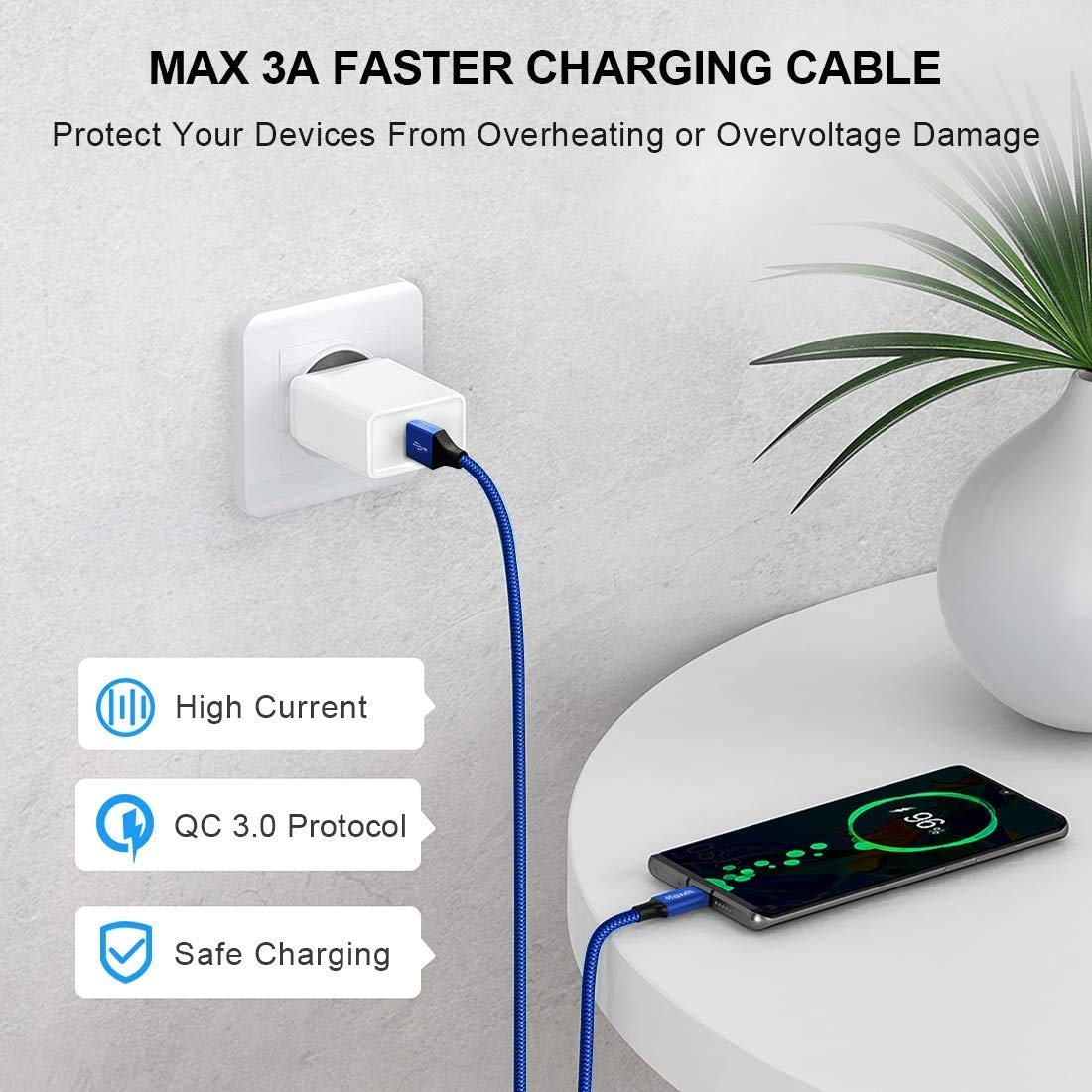 etguuds Cable USB C extralargo de 16 pies, USB-A 2.0 a USB tipo C, cable de carga rápida trenzado de nailon para teléfono y tableta USB-C, azul