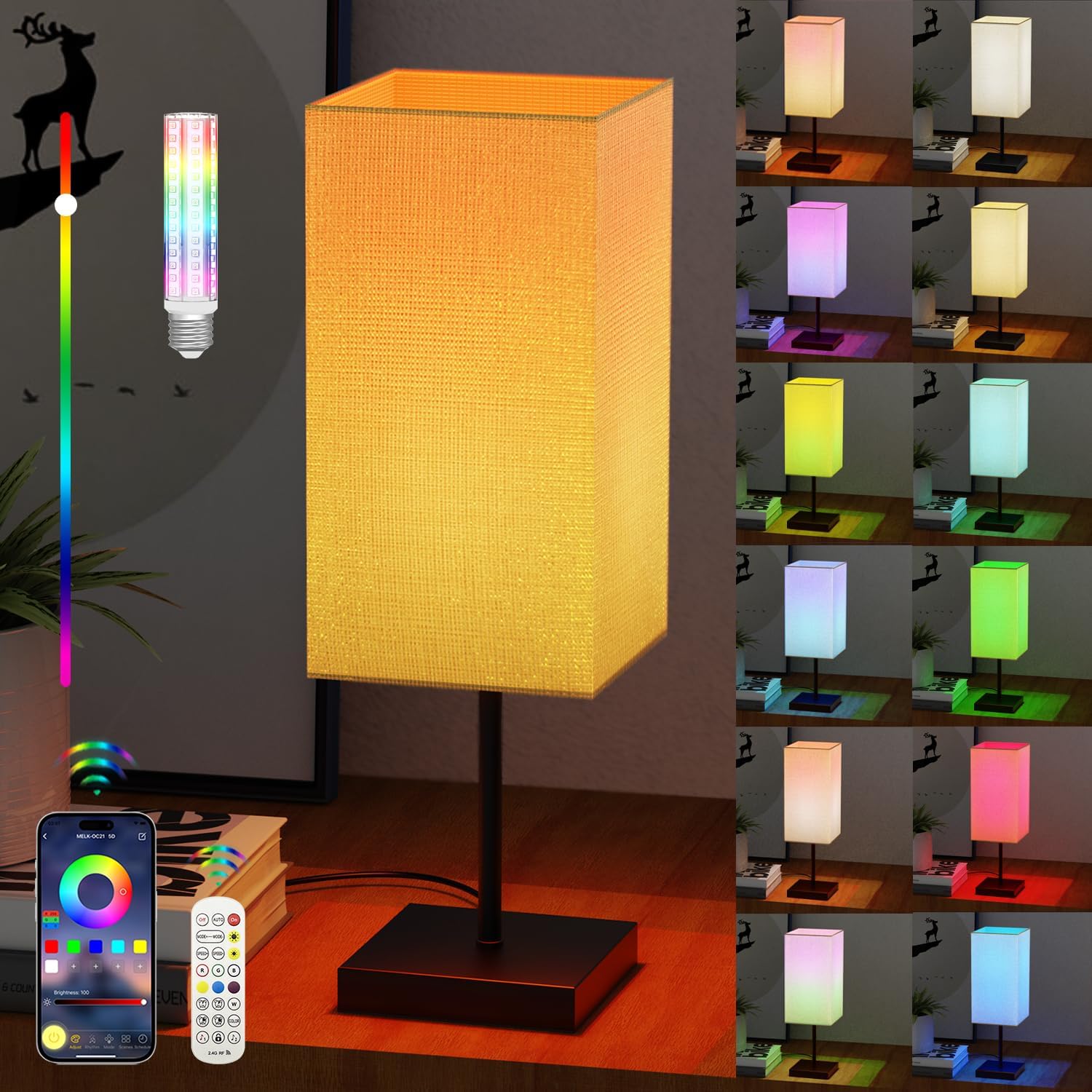 Lámpara inteligente de mesita de noche para dormitorio, decoración de lámpara de mesita de noche, 72 bombillas LED coloridas, control remoto y