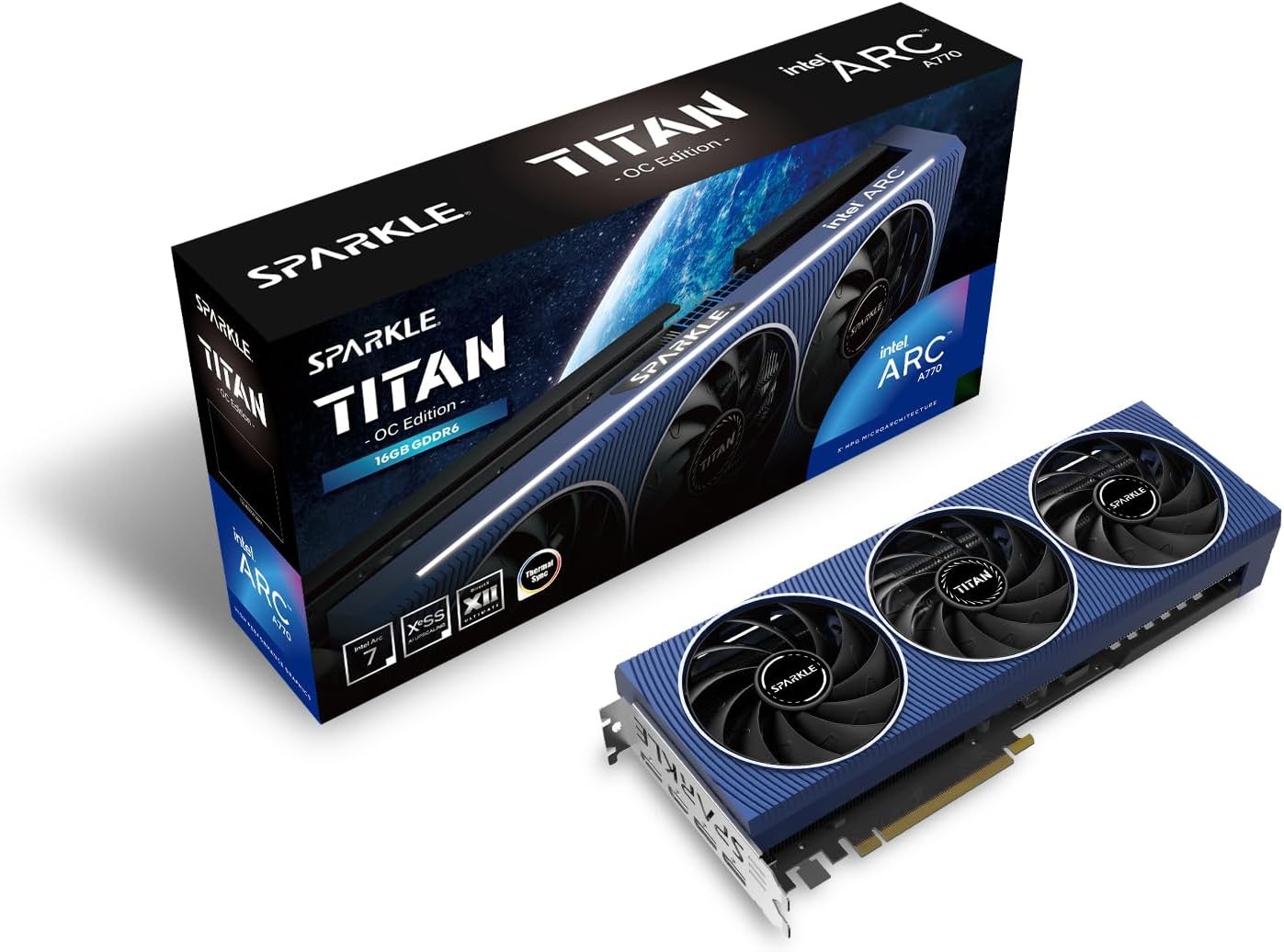 Sparkle Intel Arc A770 Titan OC Edition, 16 GB GDDR6, ThermalSync, refrigeración rasgada, ventilador axial, placa trasera de metal, SA770T-16GOC