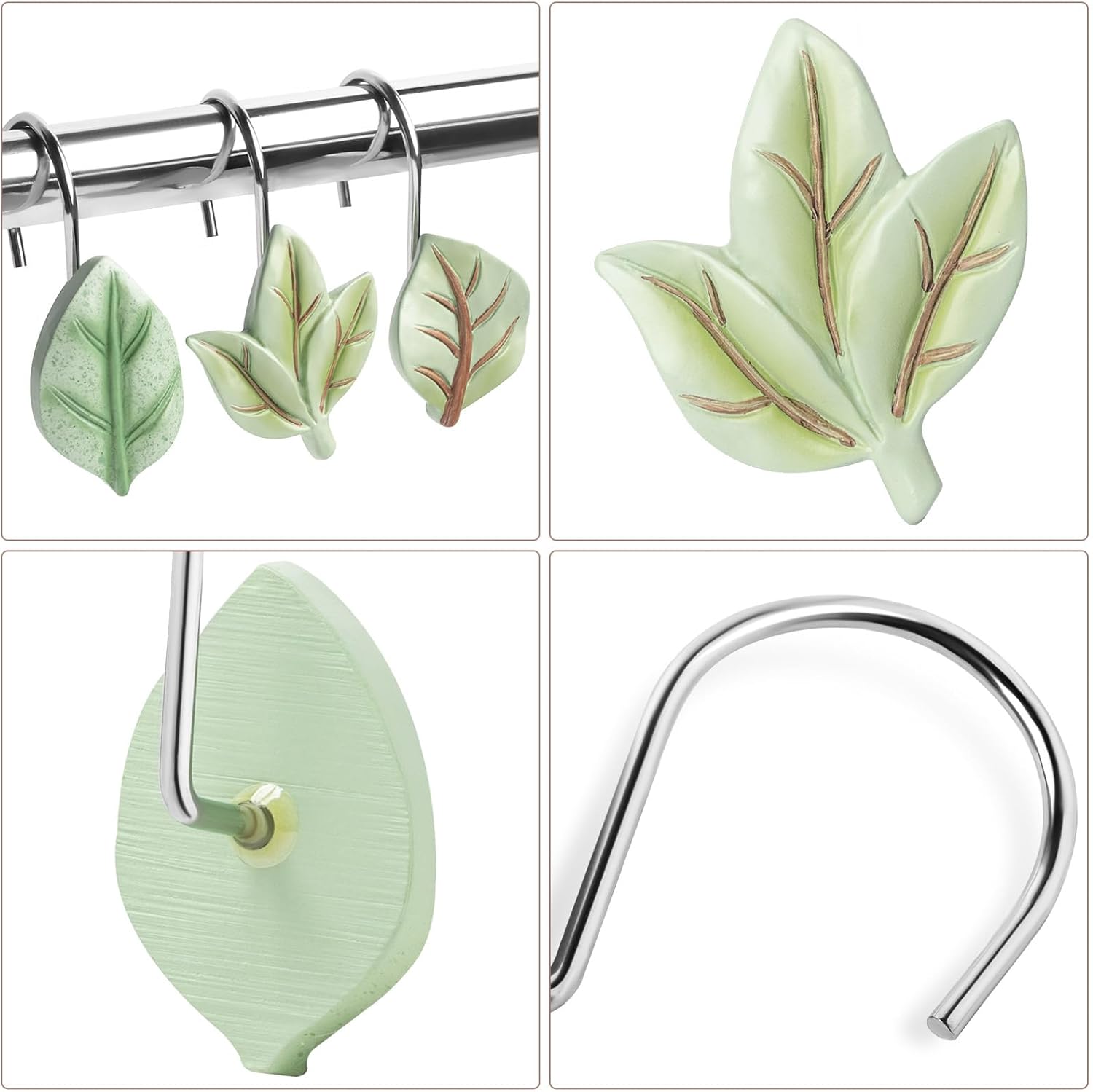 Gibelle Ganchos decorativos para cortina de ducha, 12 piezas de hojas de plantas verdes, ganchos decorativos de metal a prueba de óxido, bonitos