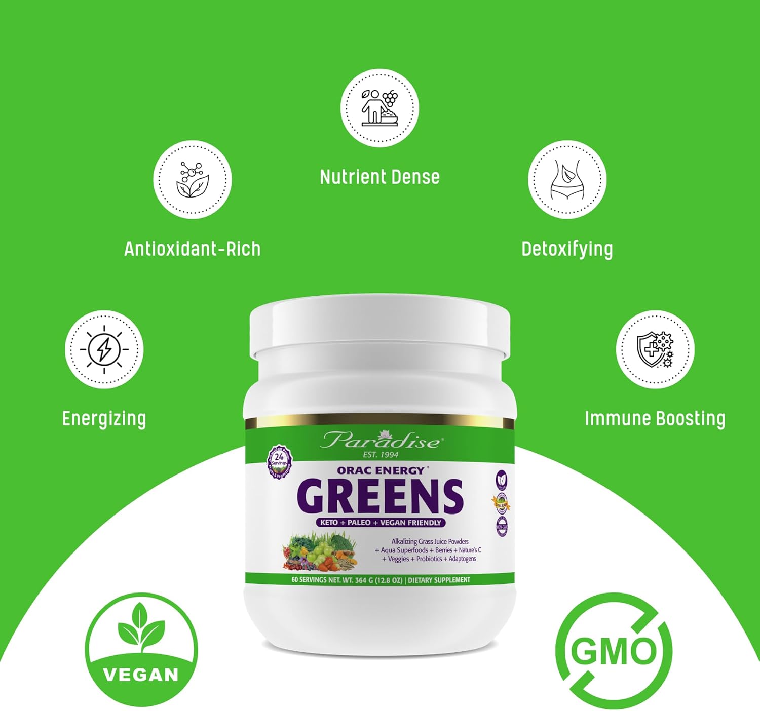Paradise Herbs ORAC Energy Greens Capsules, Keto, Paleo y Vegano, Sin Gluten, Sin OGM, 120 Cápsulas Vegetarianas