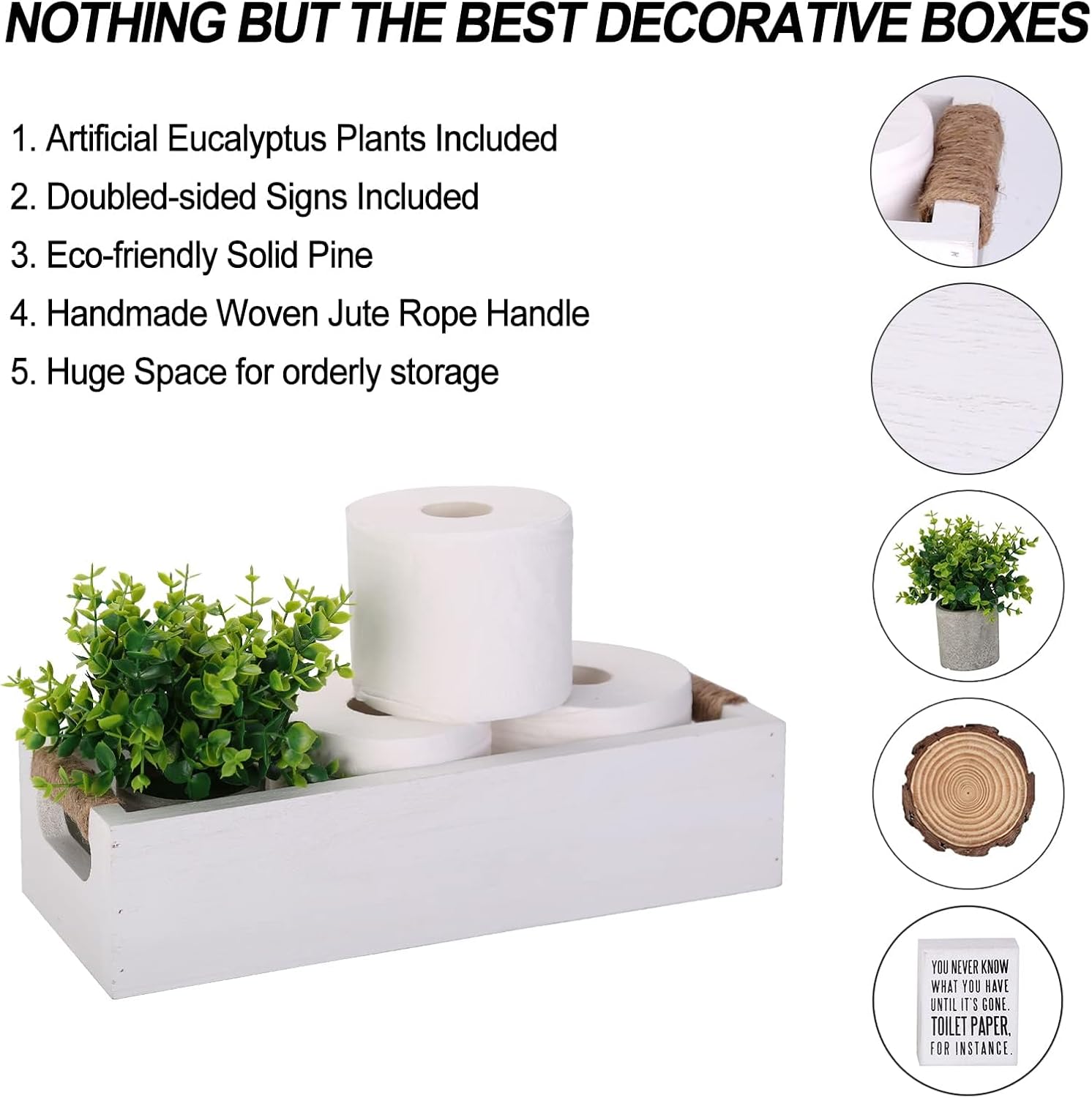 Caja de decoración de baño, cesta organizadora de papel higiénico con divertido letrero de doble cara y flores artificiales, juego de 3 bandejas de