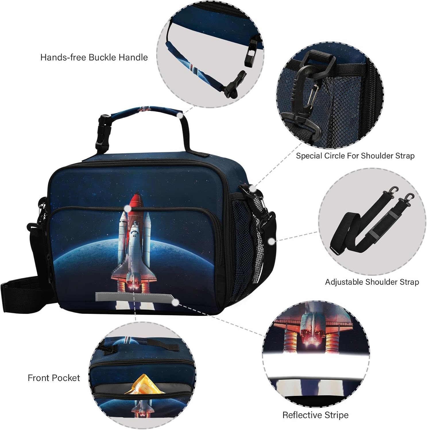 KFBE Space Rocket – Lonchera infantil aislada de la NASA, bolsa de mano con correa extraíble para el hombro para niños y niñas estudiantes