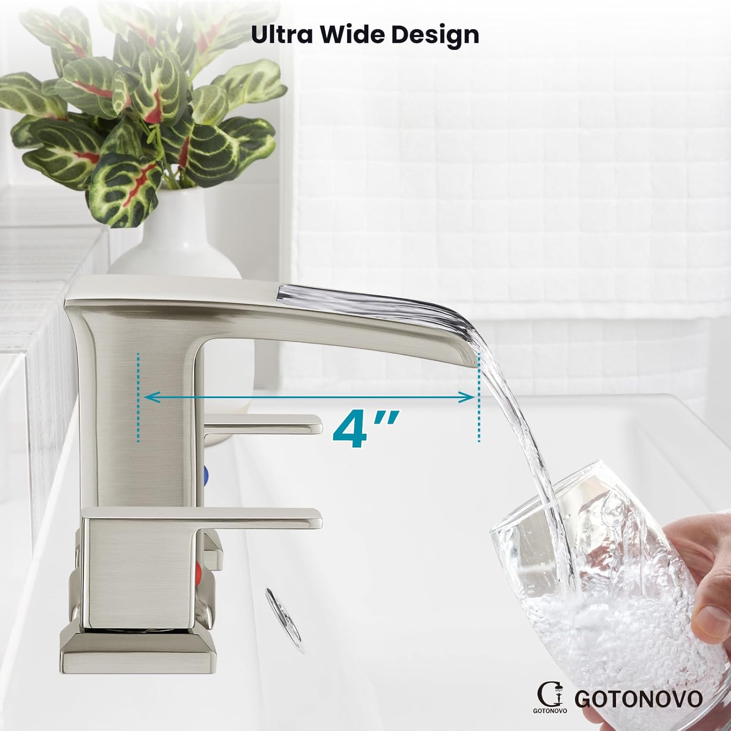 gotonovo Grifo de lavabo de baño de cascada generalizado, níquel cepillado, 8 pulgadas, conjunto de drenaje emergente a juego, juego de grifos de