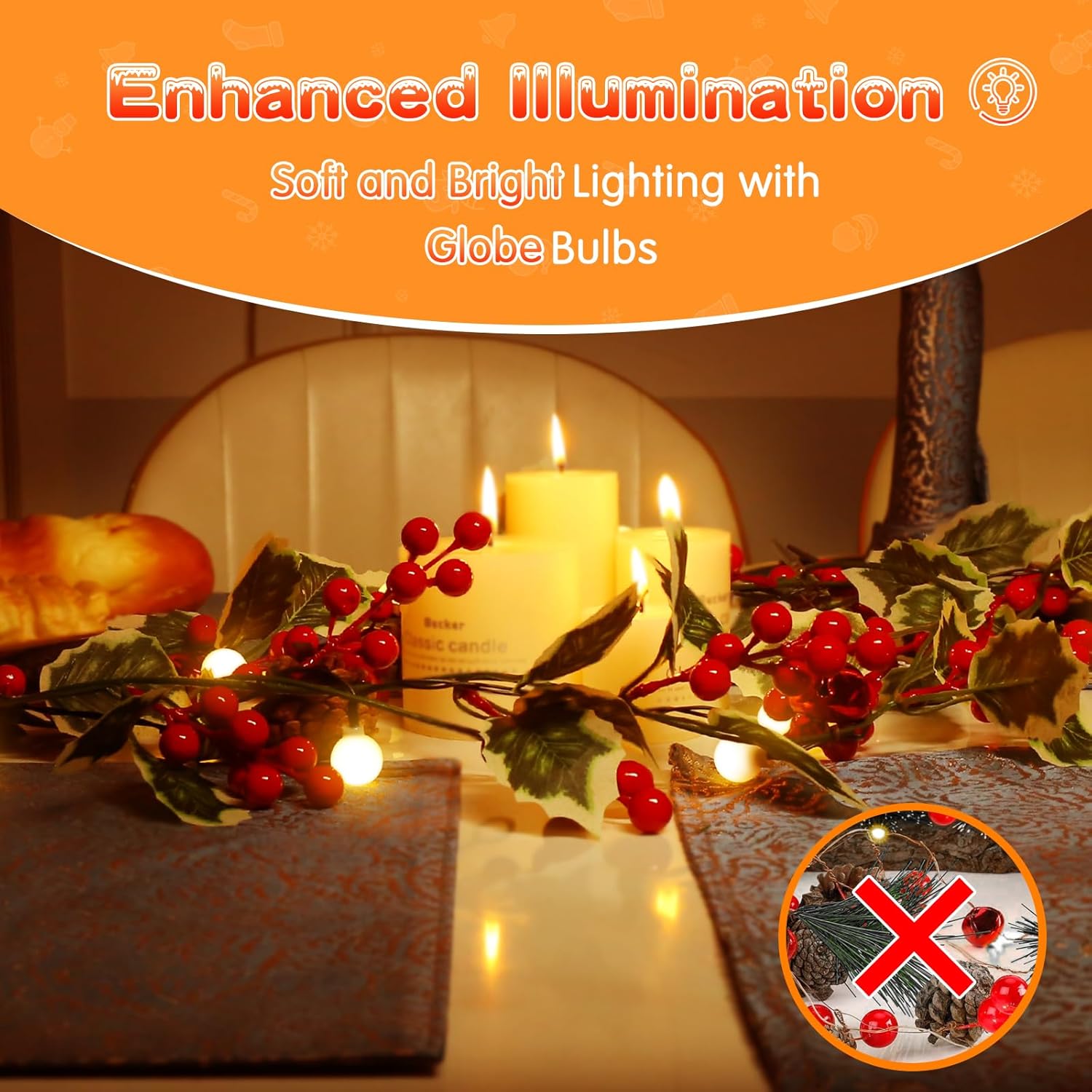 Marchpower Guirnalda de Navidad con luces, 5.7 pies, 20 luces LED, funciona con pilas, guirnalda iluminada de bayas rojas, decoraciones de Navidad