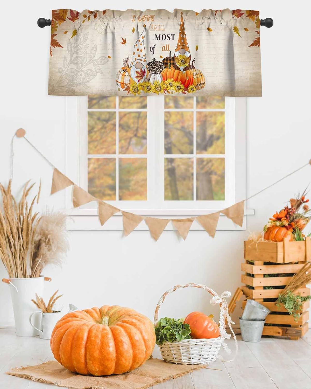 Cenefa de cortina de cocina de gnomo de otoño, cenefa de cortina de calabaza de Acción de Gracias, bolsillo para barra, 1 panel de cenefas pequeñas