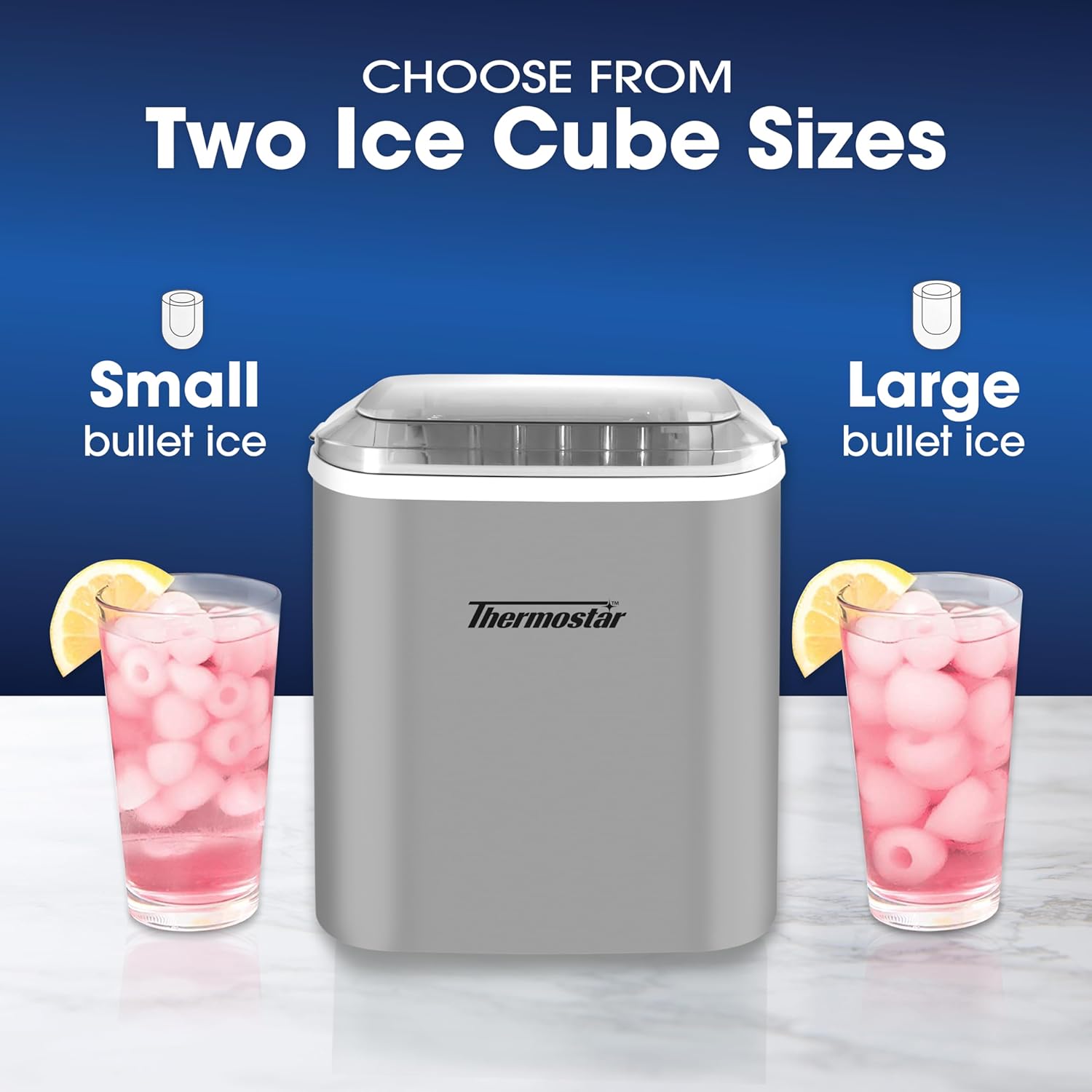 Nostalgia Thermostar Máquina automática de hielo eléctrica portátil autolimpiante para encimera, 26 libras en 24 horas, 9 cubitos de hielo listos en