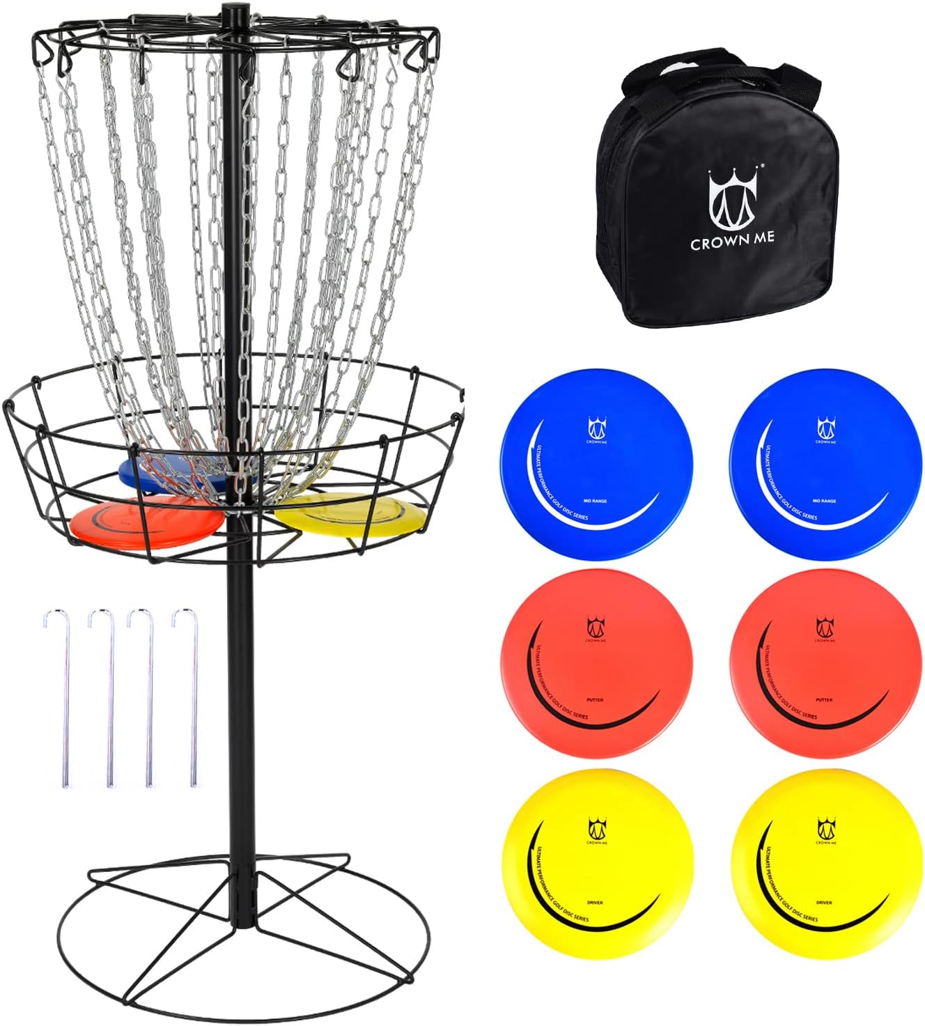Cesta de golf de disco incluye 3 discos, 24 cadenas portátiles de metal para golf