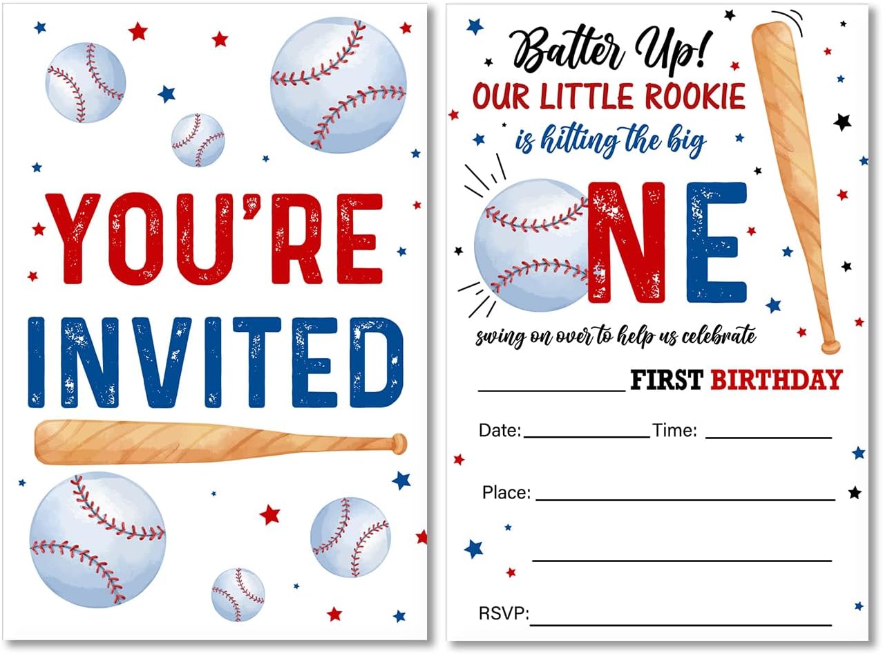 Invitaciones de béisbol para fiesta de primer cumpleaños con sobres, juego de 20 acuarelas deportivas de béisbol, invitaciones de primer cumpleaños,