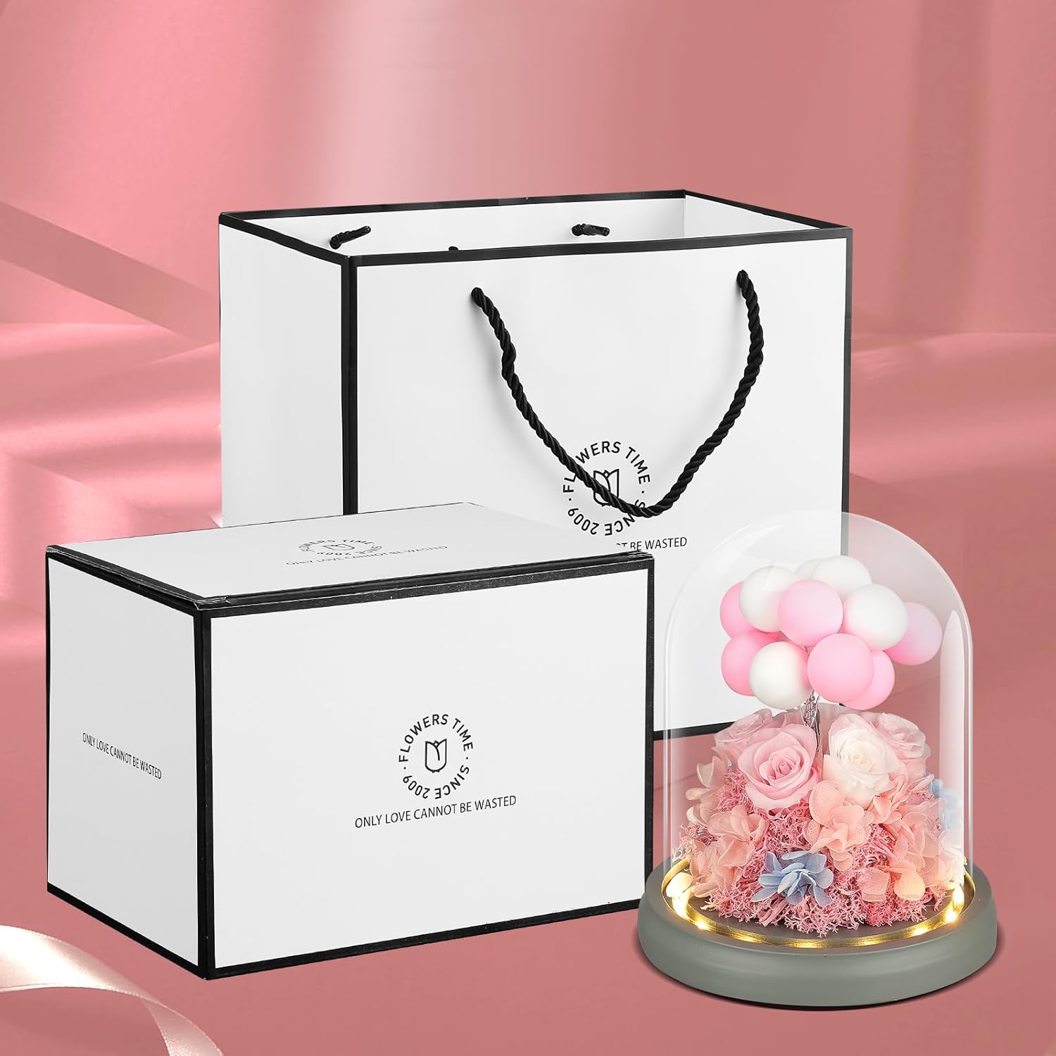 Rosa 100% real en cúpula de cristal, flores preservadas con luz LED, flor eterna con decoración de globos de arcilla, para cumpleaños, aniversario,
