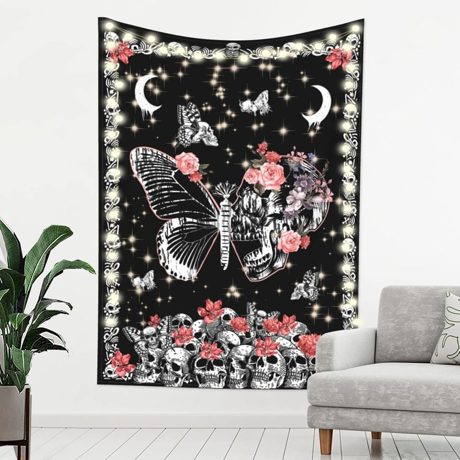 D-Story Tapiz para colgar en la pared, tapiz de calavera, esqueleto, luna, mariposa, flores, decoración del hogar, tapiz de pared de calavera, telón