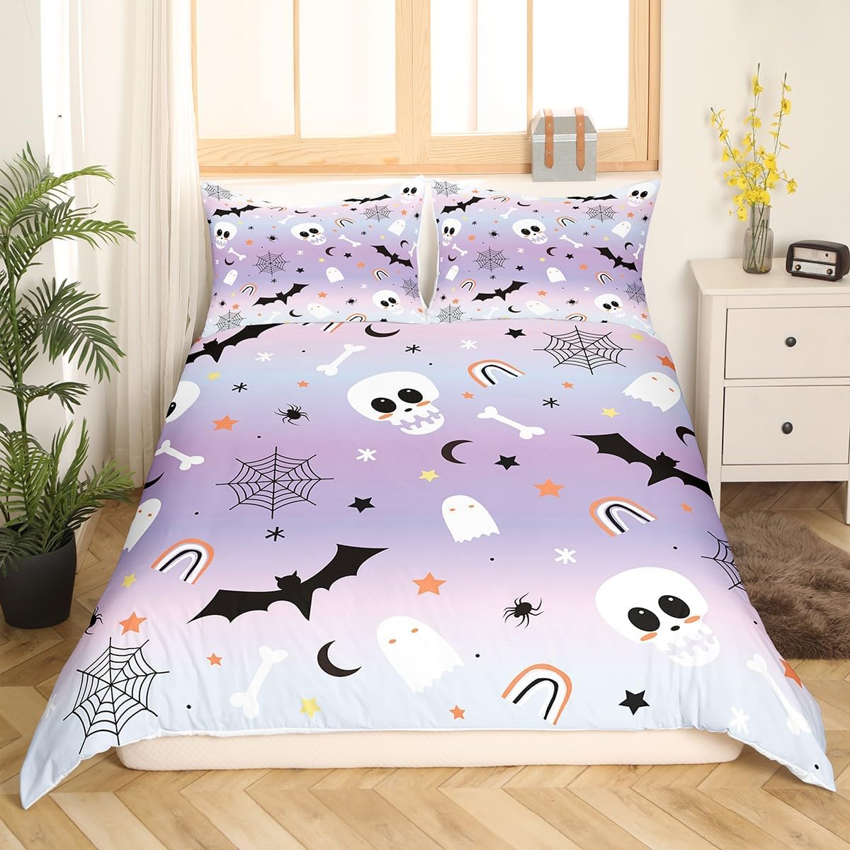 Feelyou Juego de ropa de cama de Halloween, tamaño matrimonial, funda de edredón de calavera de azúcar para niños, niñas, adolescentes, decoración