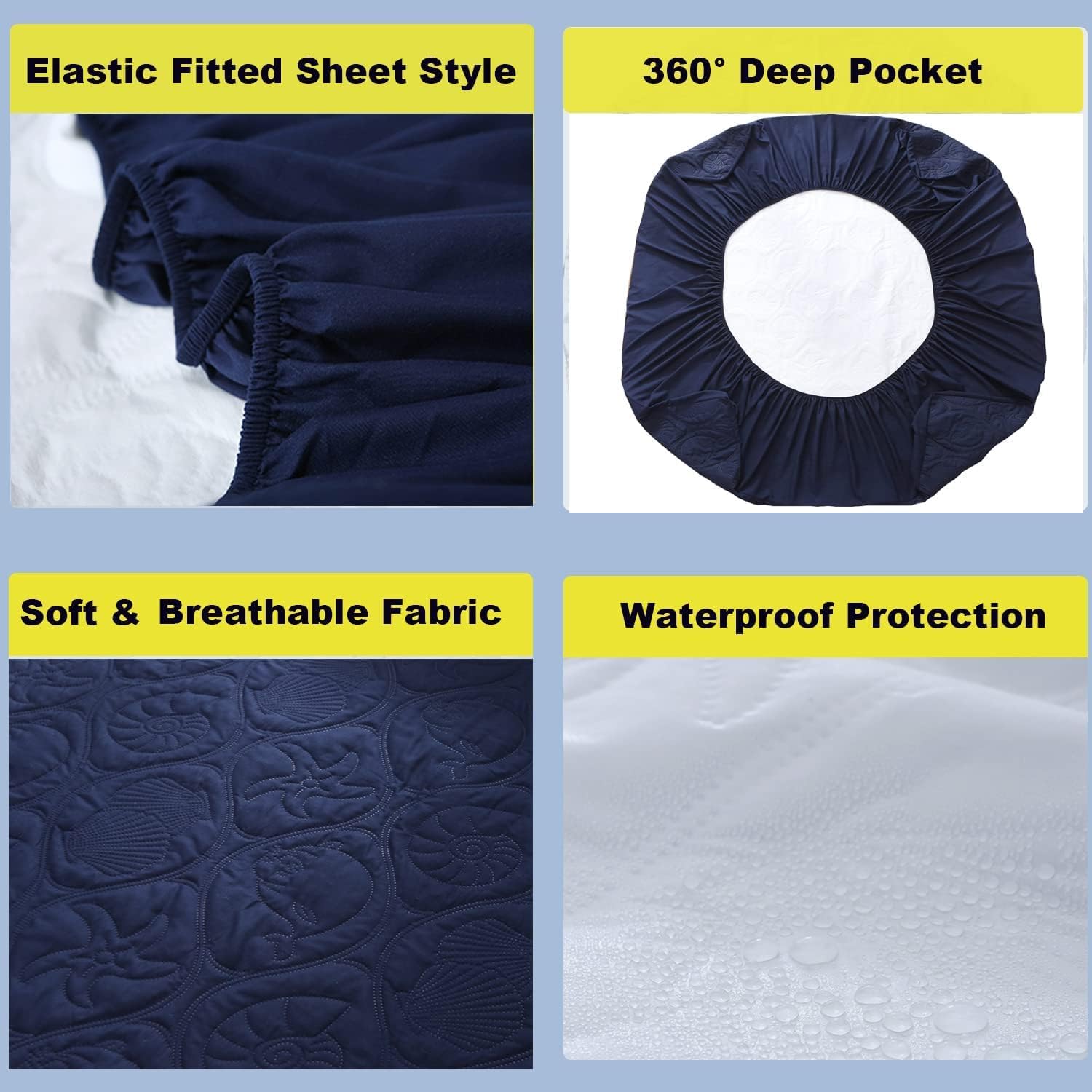 DuShow Protector de colchón impermeable tamaño King, color azul marino, acolchado, funda de colchón estilo sábana bajera ajustable de 18 pulgadas de