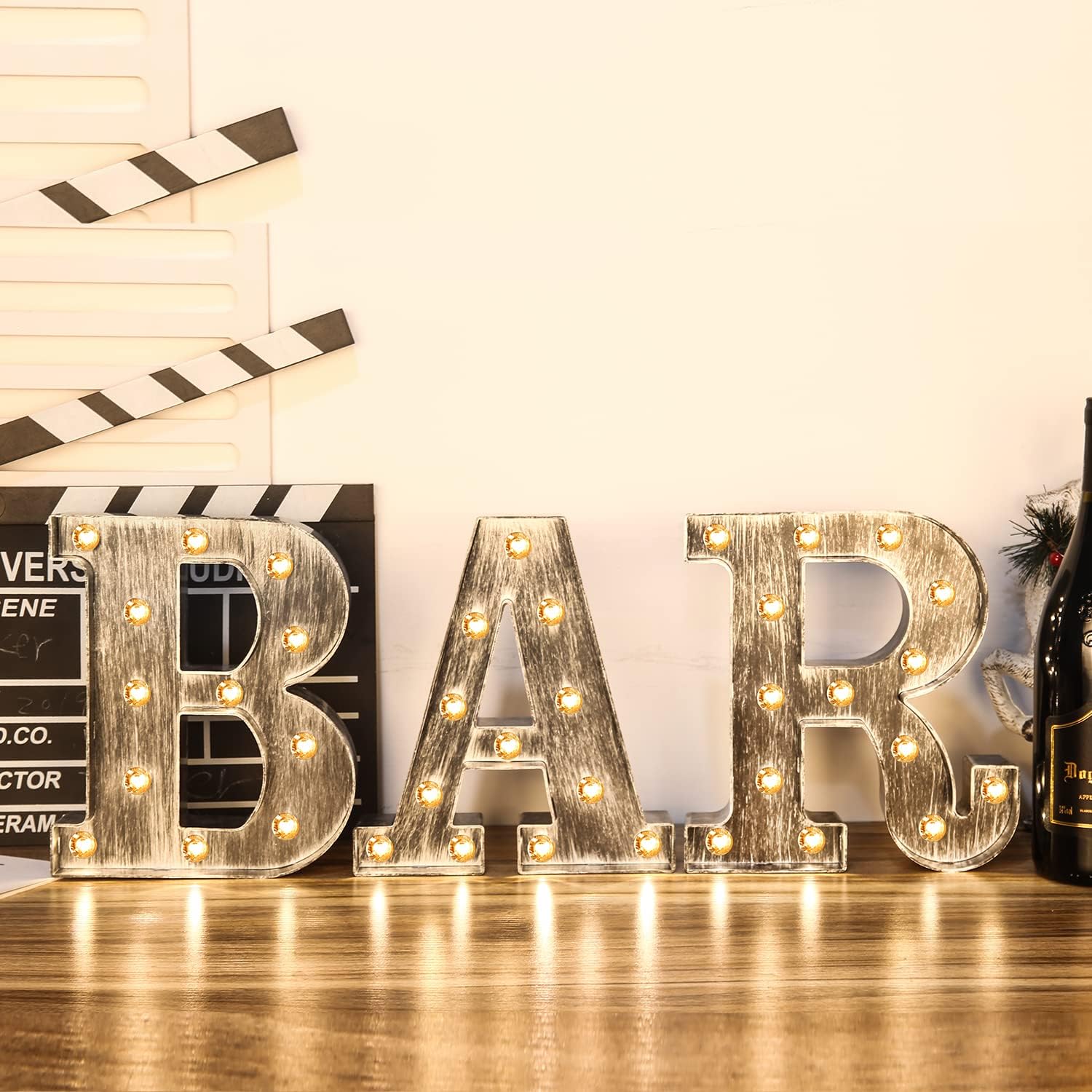 Letras iluminadas con luces LED de marquesina gris plateado para cafetería, boda, fiesta de cumpleaños, lámpara de Navidad, decoración de iniciales