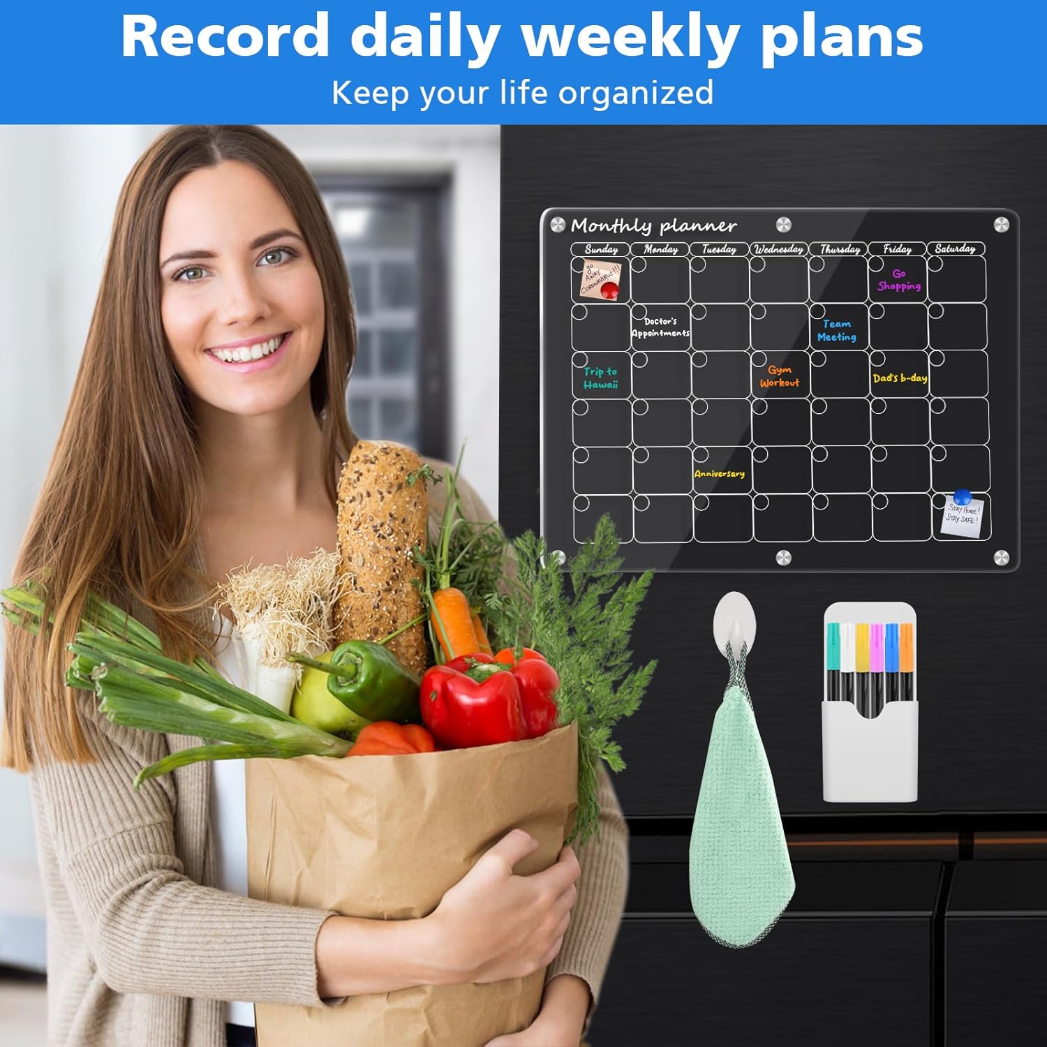 CSIHOP Calendario acrílico para refrigerador H2.0, calendario magnético transparente para nevera, 2 piezas, calendario reutilizable para