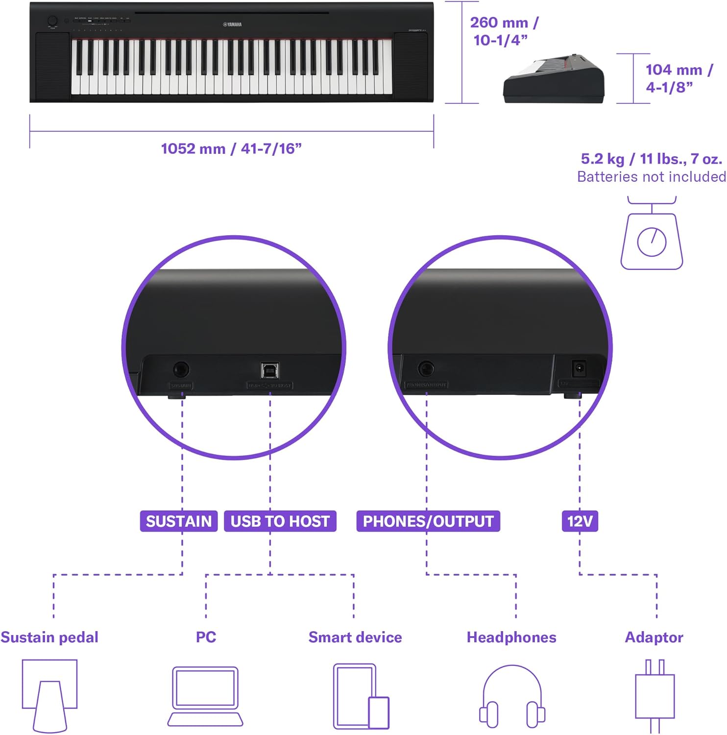 Yamaha Piano digital ultraportátil Piaggero de 61 teclas, negro (NP15WH)