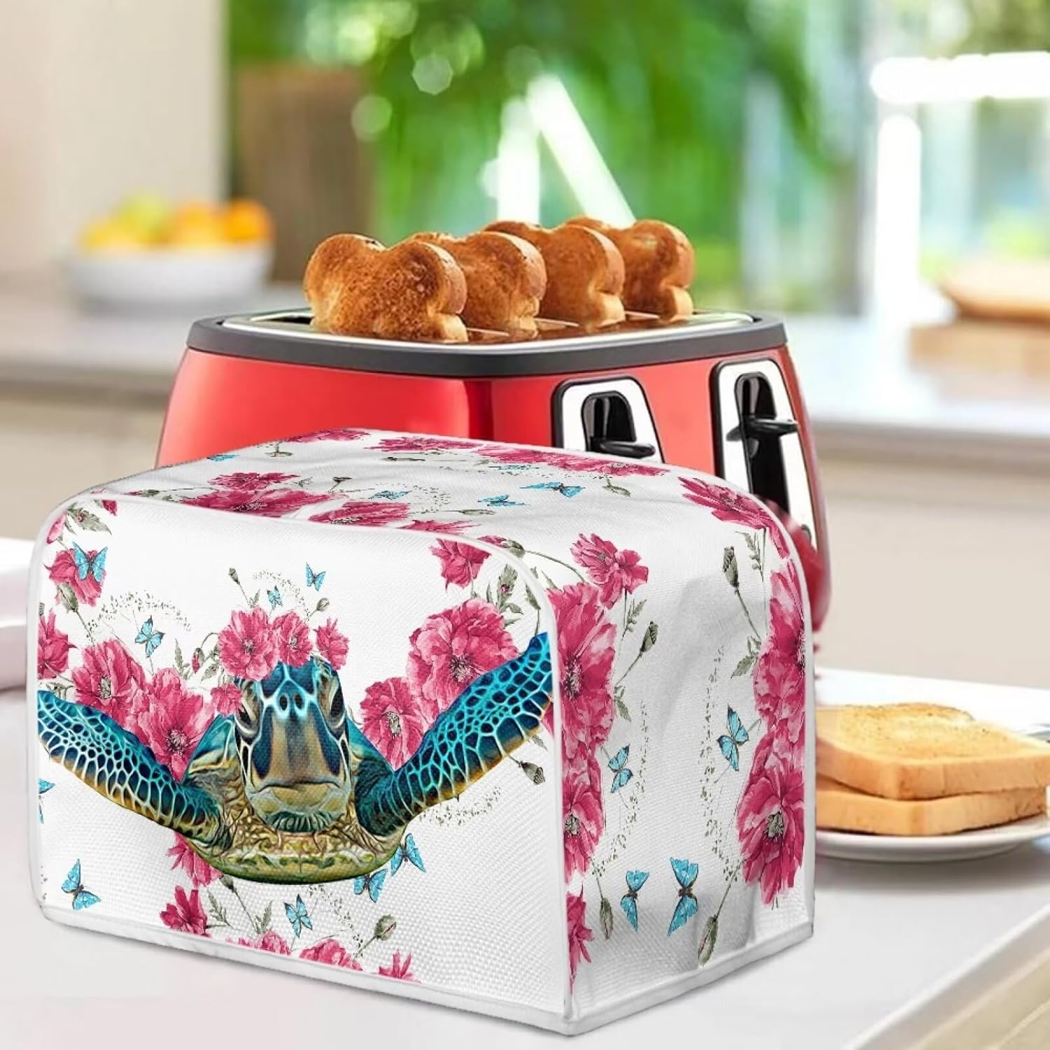 Cubierta de tostadora con patrón de flores de tortuga marina, 2 rebanadas, cubierta de electrodoméstico pequeño para cocina, cubierta de horno