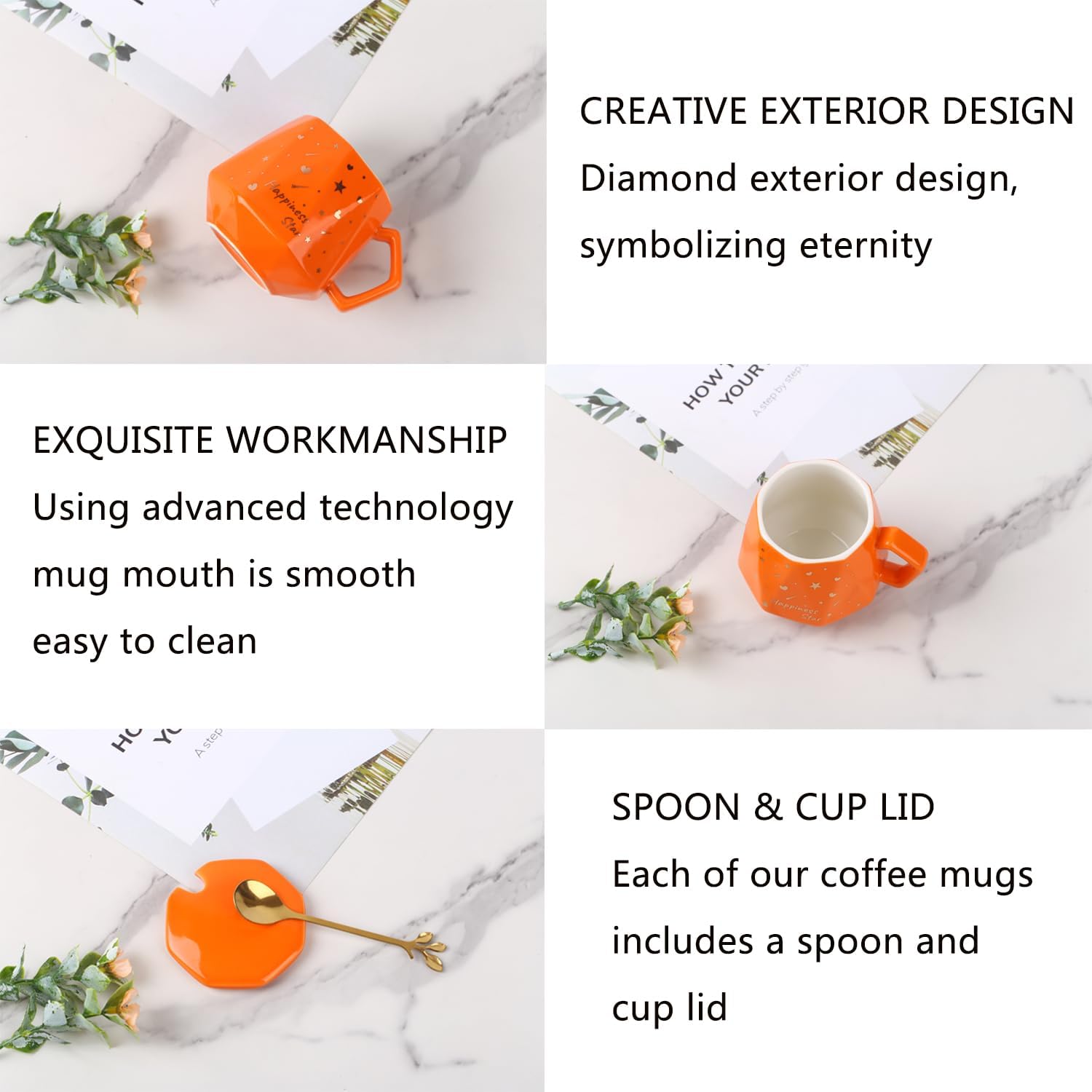 Bonito juego de tazas de café, tazas de café de cerámica con tapas, cuchara dorada y caja de regalo, regalo para mujeres, hombres, amigos, hermanas.