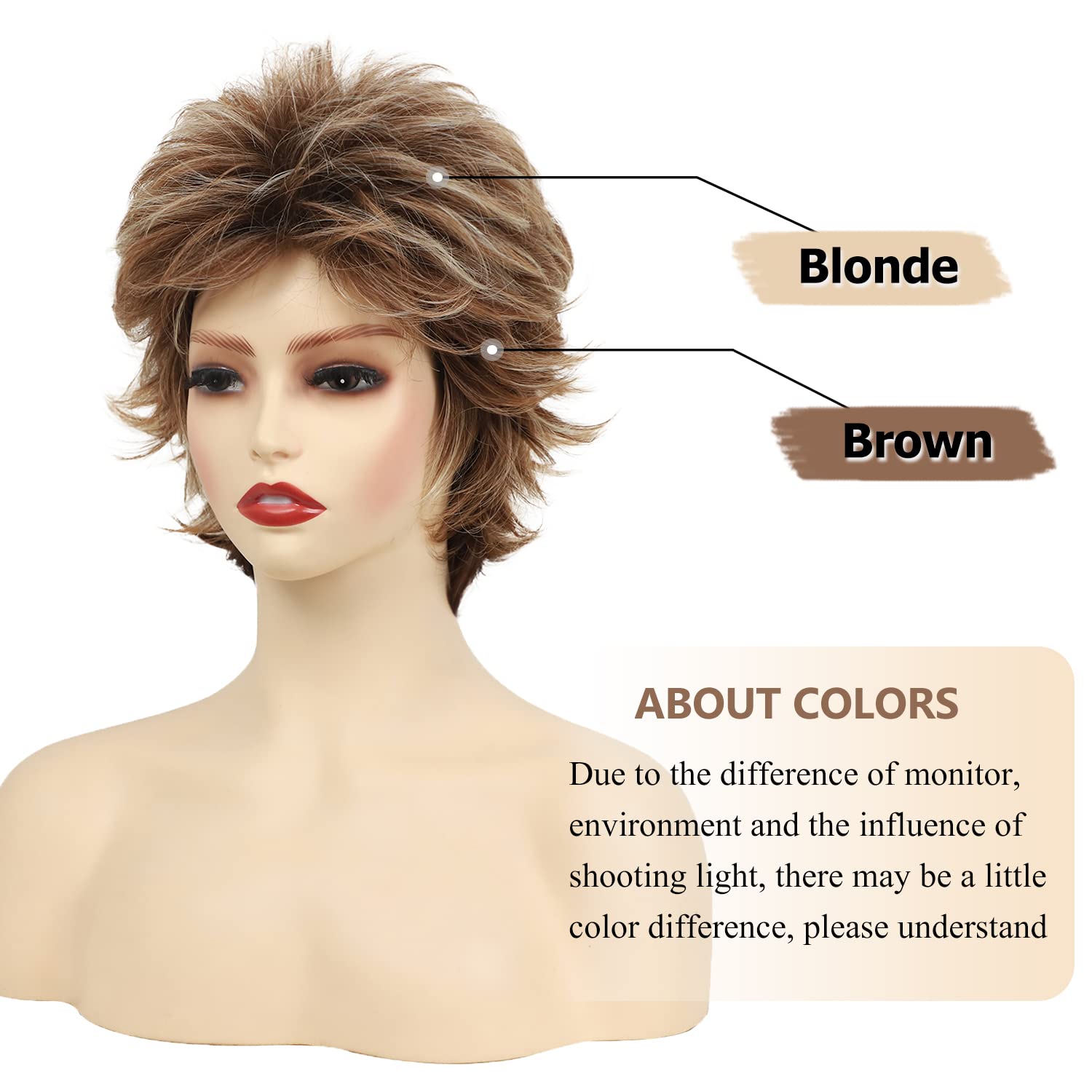 SEVENCOLORS Pelucas cortas onduladas de color marrón para mujeres blancas, pelucas de pelo sintético corto en capas de pelo sintético sintético