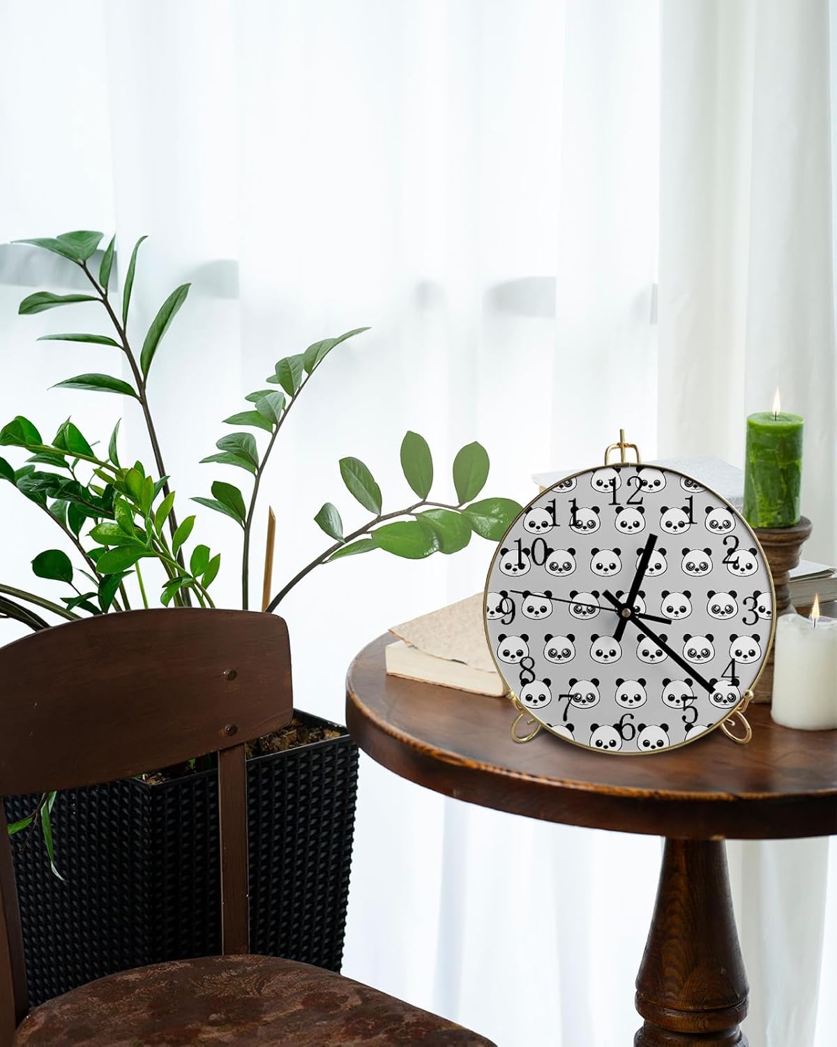 Cartoon Panda Round Wall Clock Silent Non-Ticking Battery Operated Clocks, Wooden Clock for Home Living Room Bedside Desk Bedroom Office Wall Decor