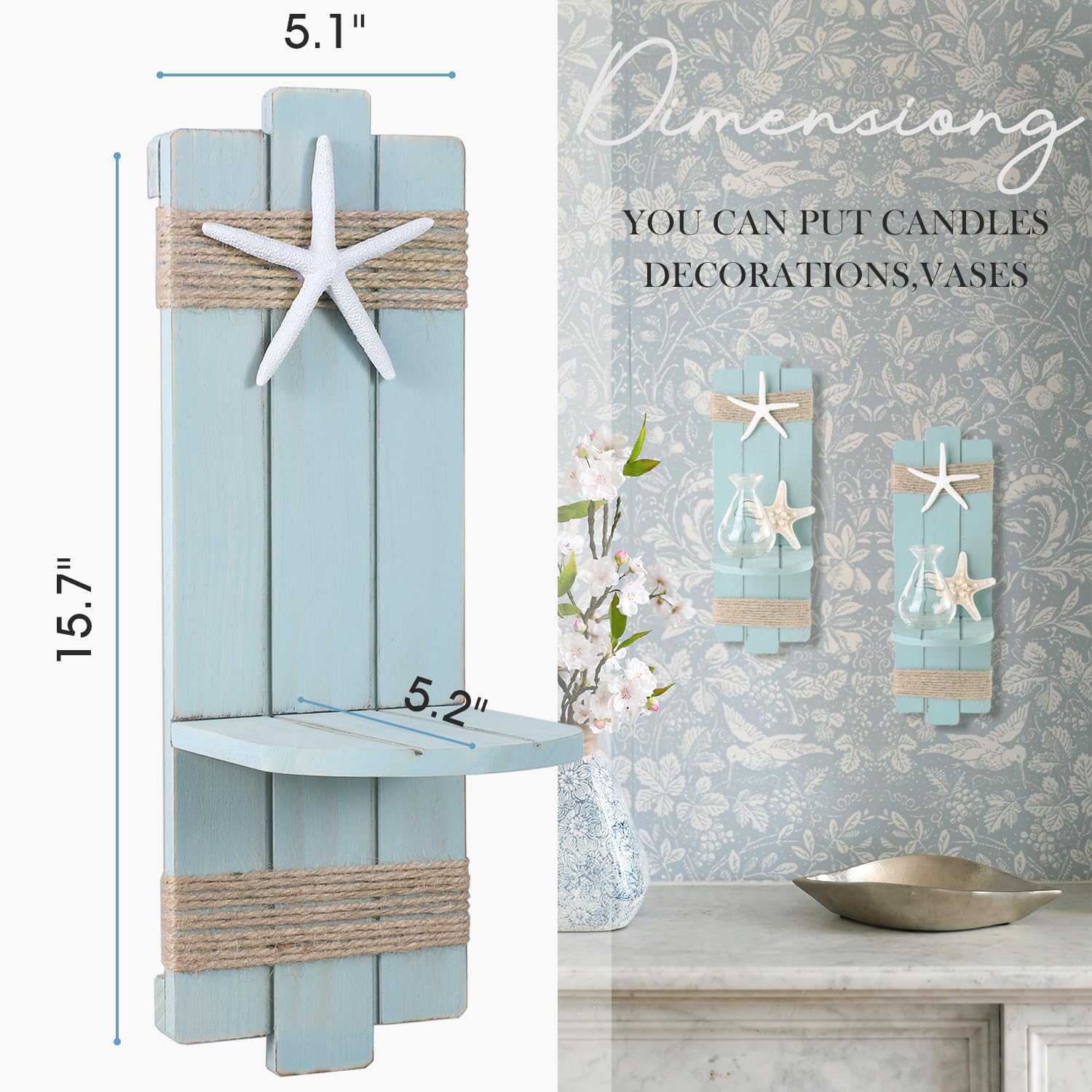SOMTO Juego de 2 candelabros de pared con diseño de estrella de mar de playa, decoración de pared con temática náutica, portavelas de pared,
