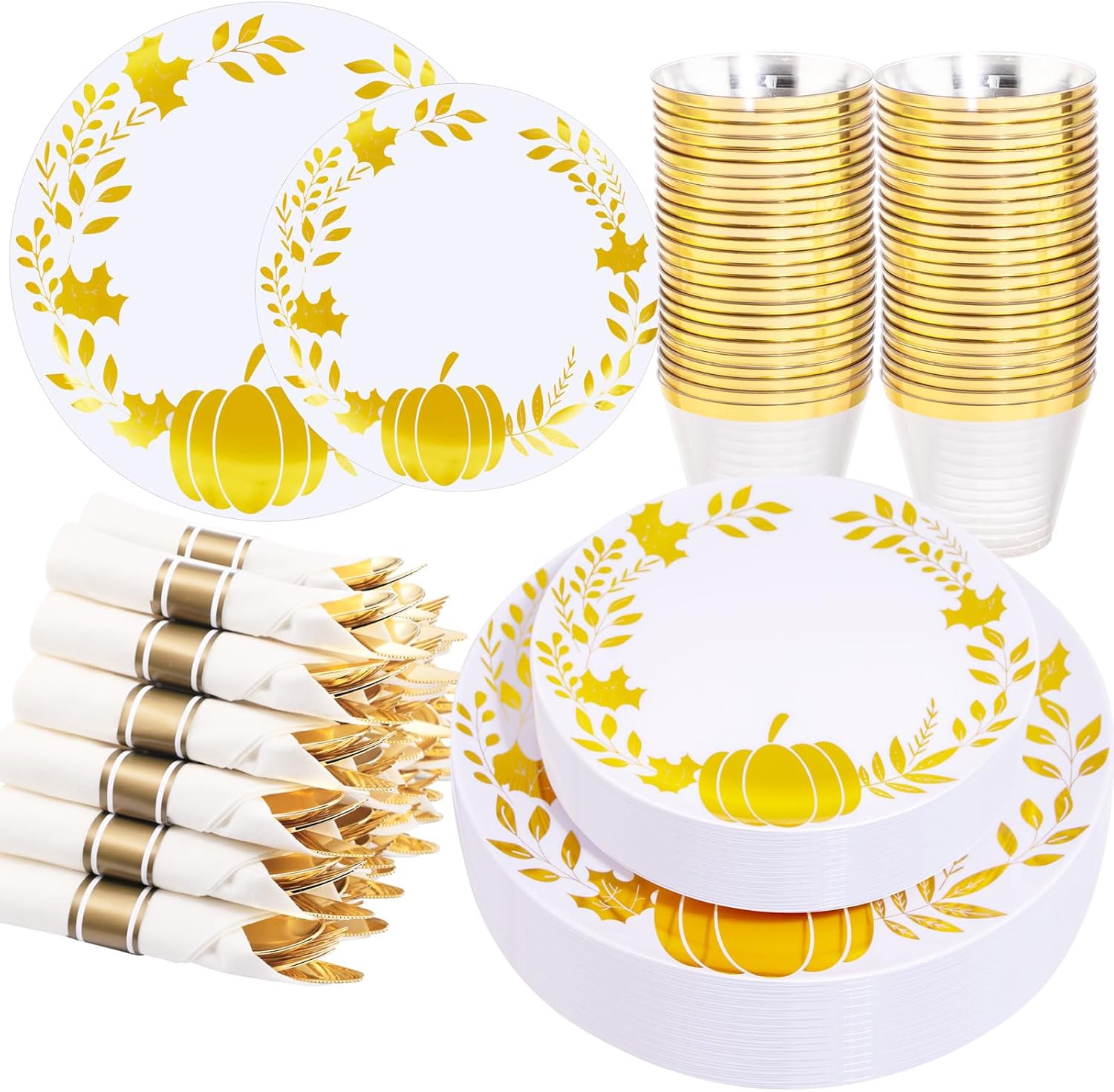 Ciaell 175 platos de plástico de Acción de Gracias  Platos de plástico desechables para otoño  Los platos de plástico blanco y dorado incluyen 50