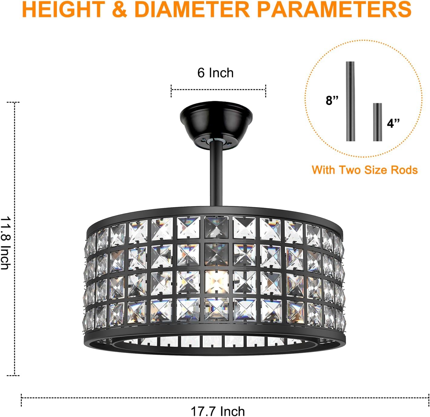 YOYWE Ventiladores de techo de cristal con luces, ventilador de techo de cristal enjaulado con luz y control remoto, 3 colores, 3 velocidades,