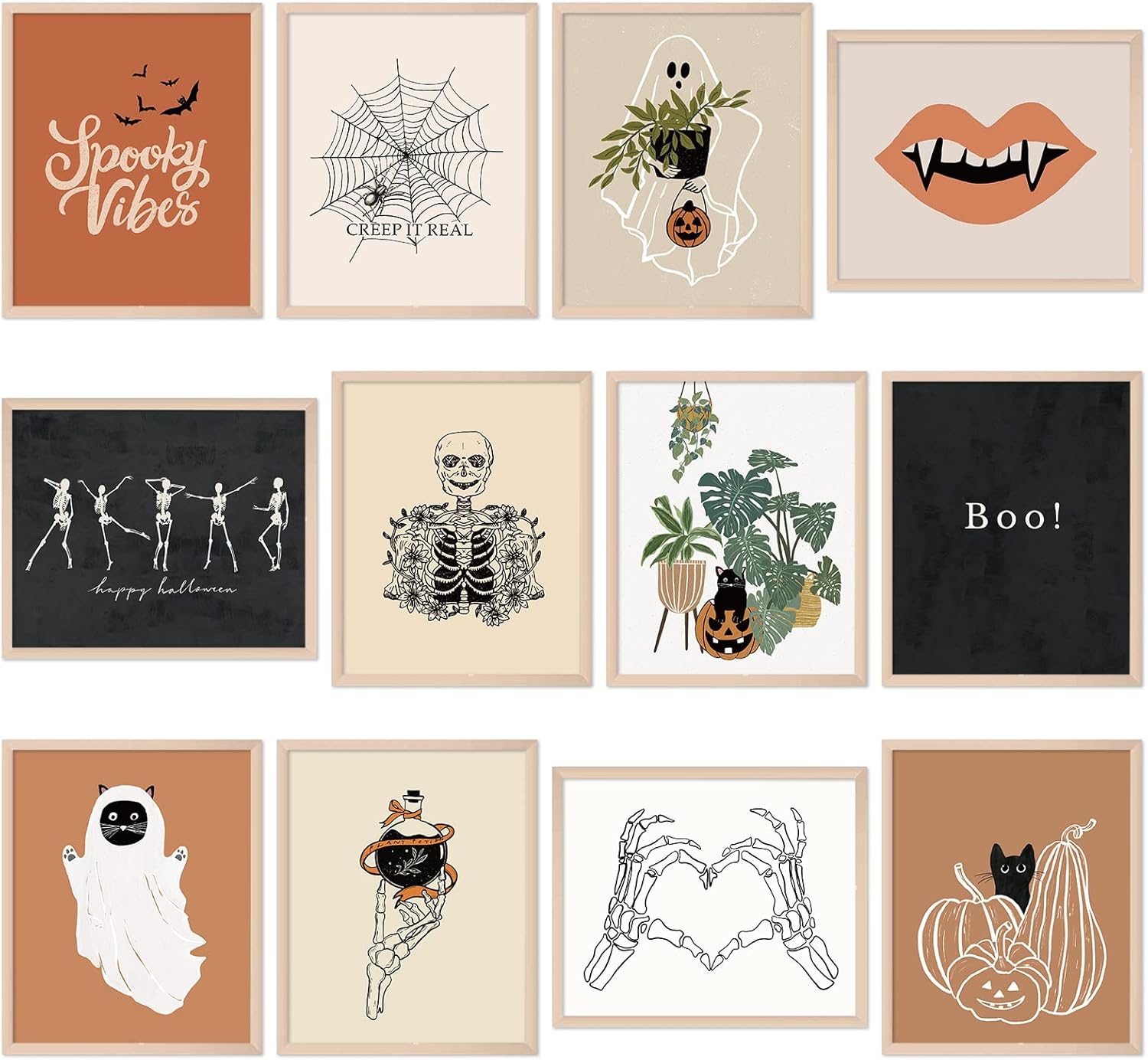 Whaline 12 impresiones artísticas de pared de Halloween de 12 x 16 pulgadas, esqueleto bohemio, fantasma, gato negro, decoración de habitación,