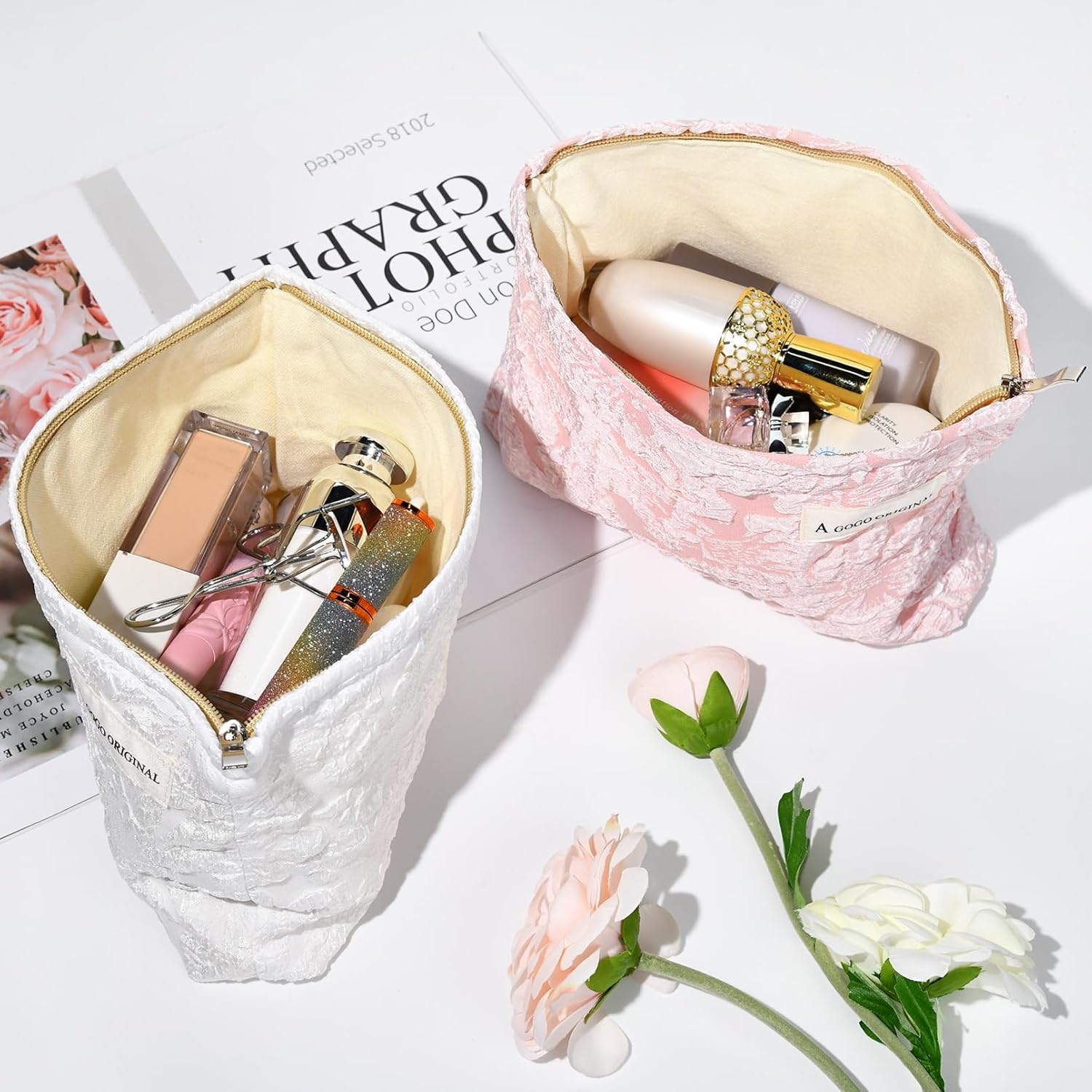 Bolsa de maquillaje grande de 2 piezas, bolsa de cosméticos floral, color rosa y blanco, de lona, bolsa de aseo de viaje, organizador de brochas de