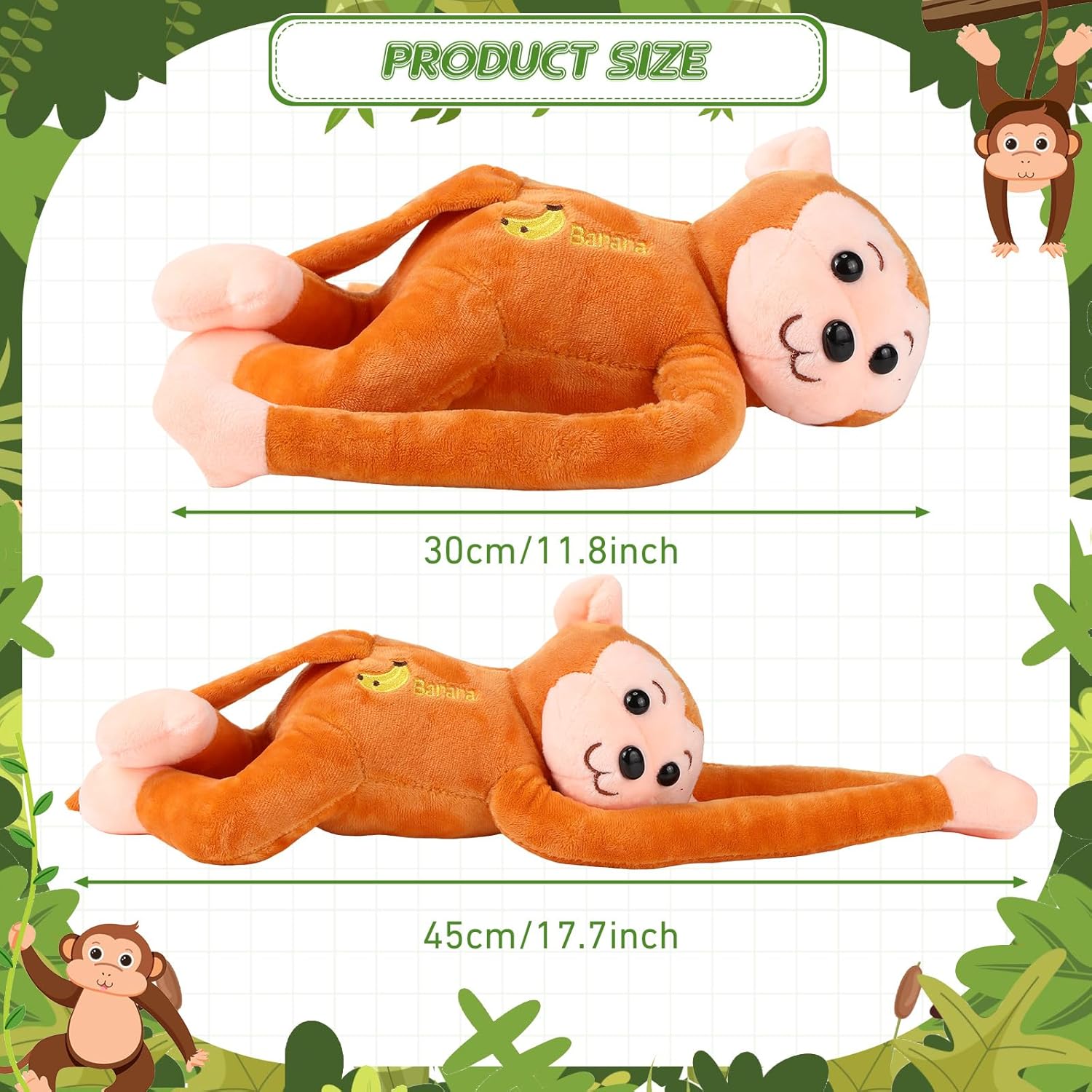Paquete de 4 monos de peluche colgantes de 17.8 pulgadas con cierres de gancho y bucle, regalos de juguetes de peluche para adolescentes y adultos,