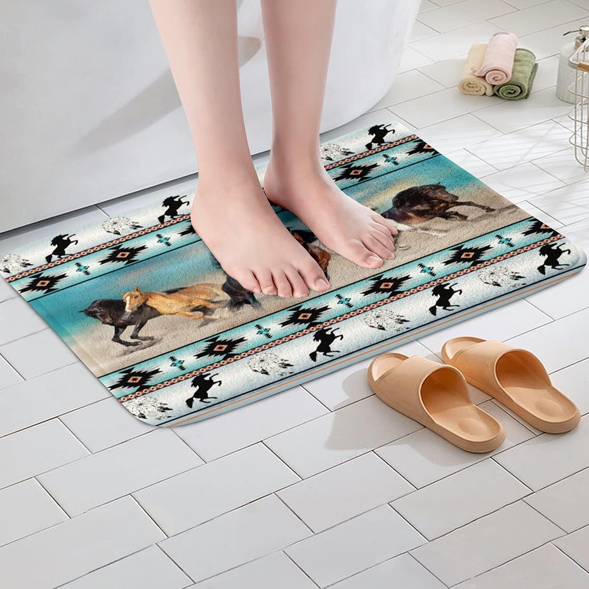 Alfombra azteca africana con estampado de caballos tribales, animales de granja, tribu étnica, flecha, atrapasueños, sala de estar, 16 x 24