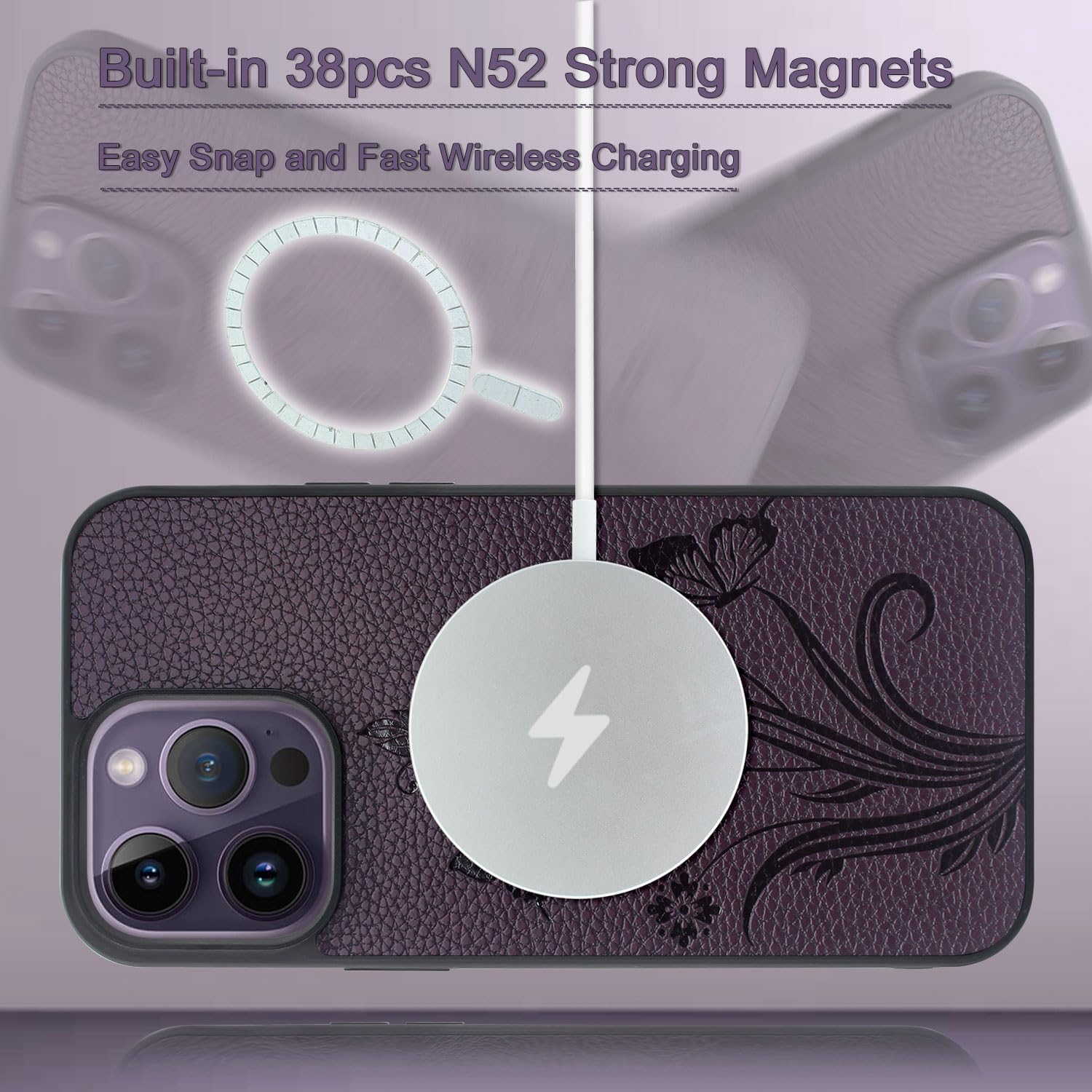 Lacass Funda compatible con MagSafe Case Wallet para iPhone 15 Pro de 6.1 pulgadas, tarjetero magnético desmontable con cremallera (floral morado