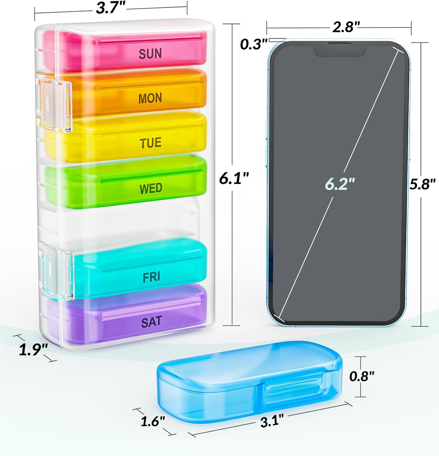 ZIKEE Paquete de 7 pastilleros extra grande, pastillero portátil para 7 días para bolsillo, bolso, pastillero semanal con diseño de doble