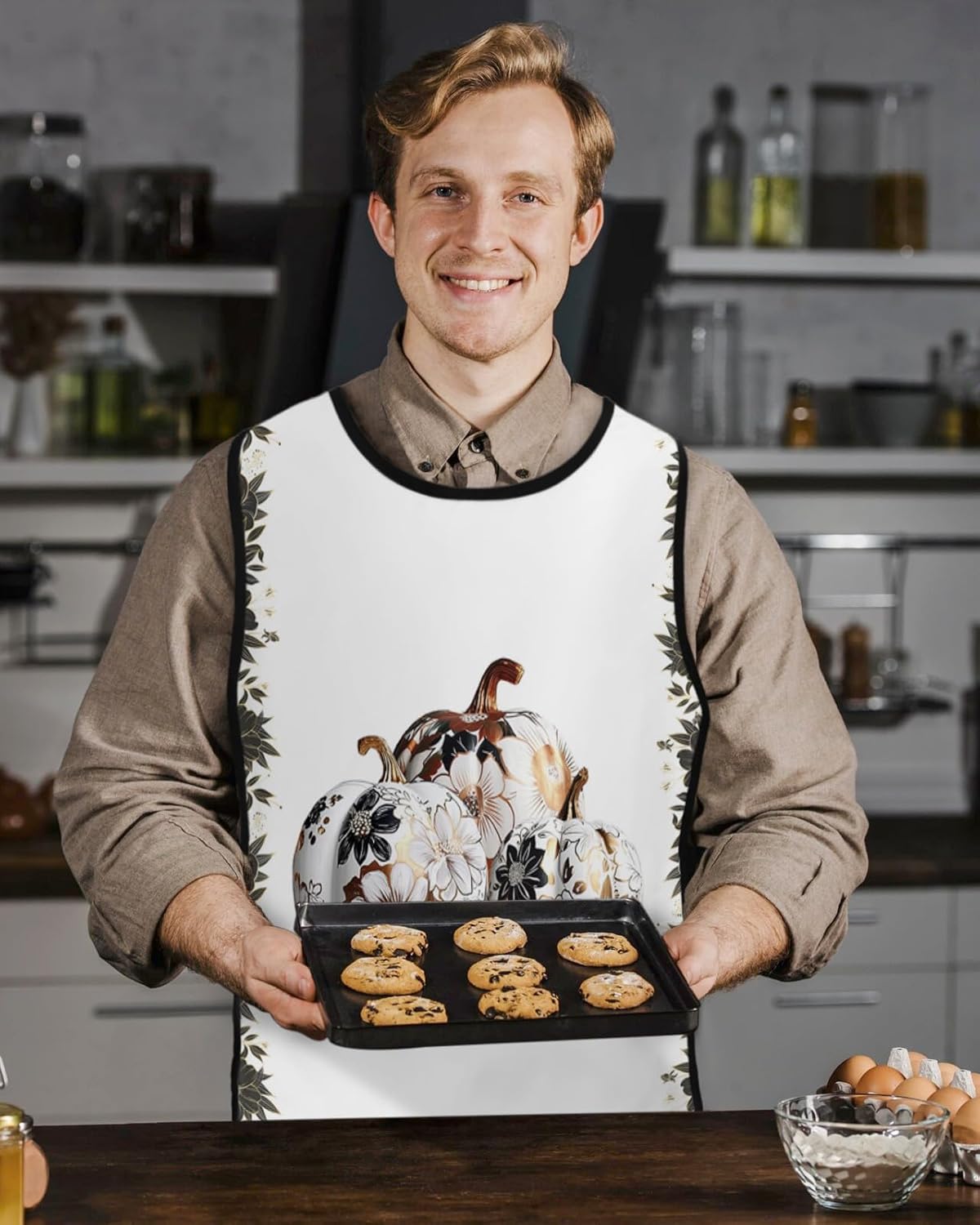Teather Unisex Cobbler Apron Flower Pumpkin Vest Cobbler Aprons Autumn Leaf Smock Apron with Pockets for Work Kitchen