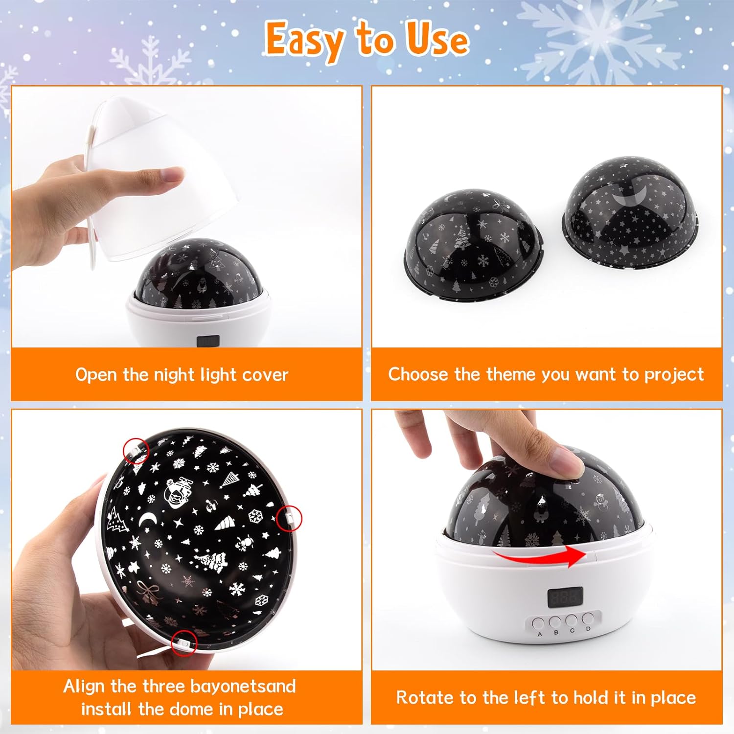 Proyector de luz nocturna de estrellas para interiores, proyector de copo de nieve para dormitorio de niños, lámpara nocturna giratoria de 360