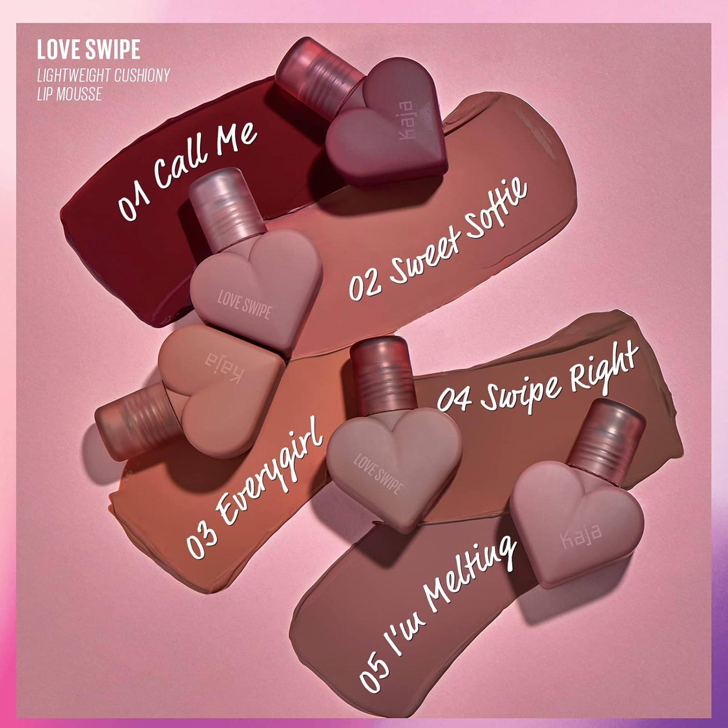 Kaja Lip Mousse – Love Swipe  con aceite de semilla de frambuesa y vitamina E, construible, mezclable, hidratante, acabado aterciopelado, 04