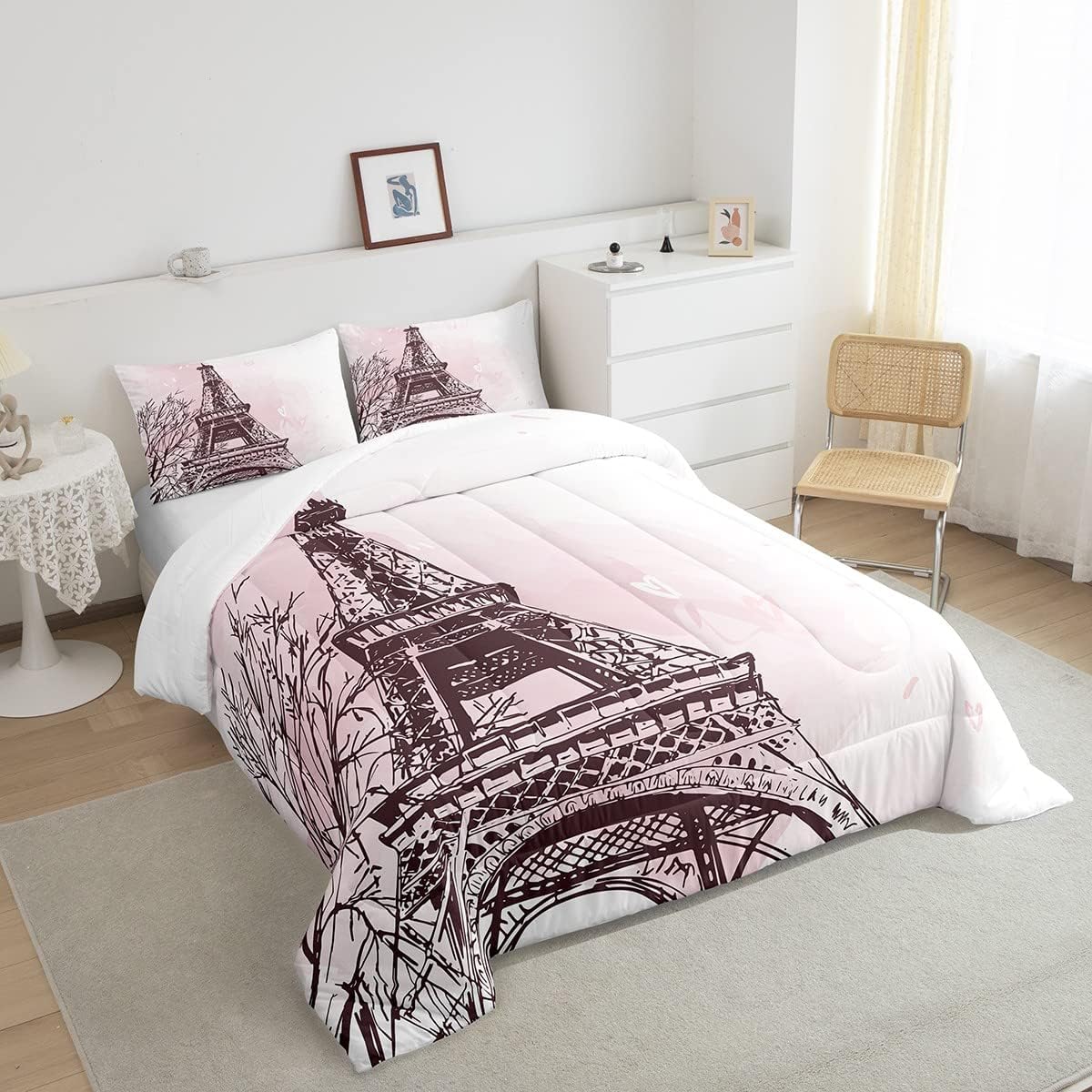 Juego de edredón de la Torre Eiffel, tamaño individual, juego de ropa de cama romántica de San Valentín, rosa y blanco, edredón para mujeres y
