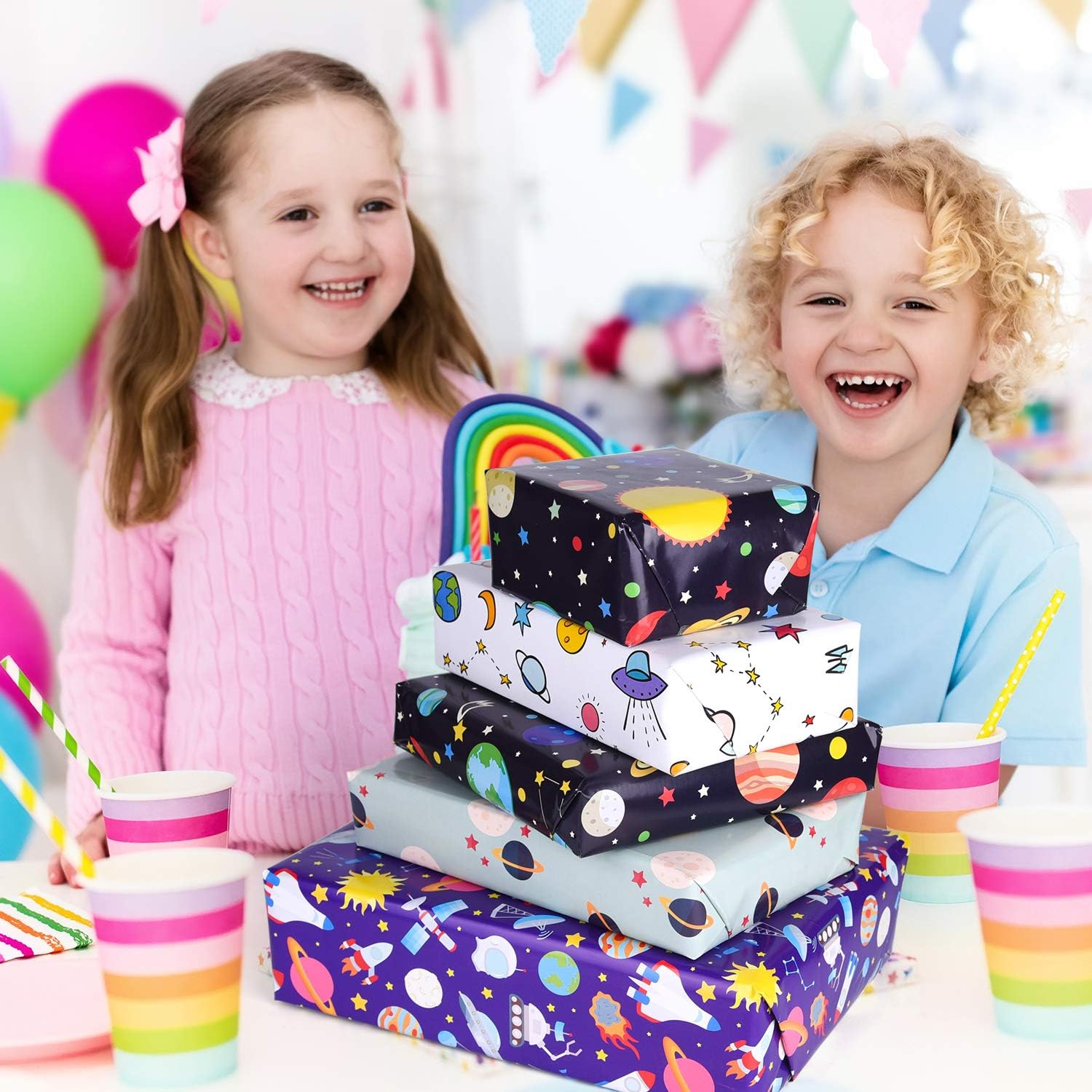 PLULON 6 hojas de papel de regalo de cumpleaños, diseño del espacio exterior para niños, regalo de fiesta de cumpleaños y baby shower