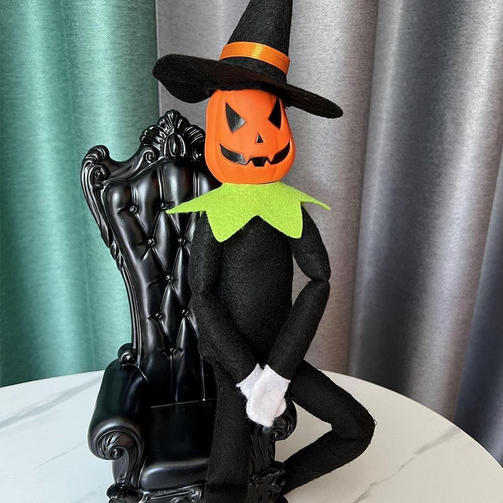 Muñeca de peluche de elfo de calabaza de Halloween de 14 pulgadas, juguete de elfo de calabaza hecho a mano con sombrero negro, guantes blancos,