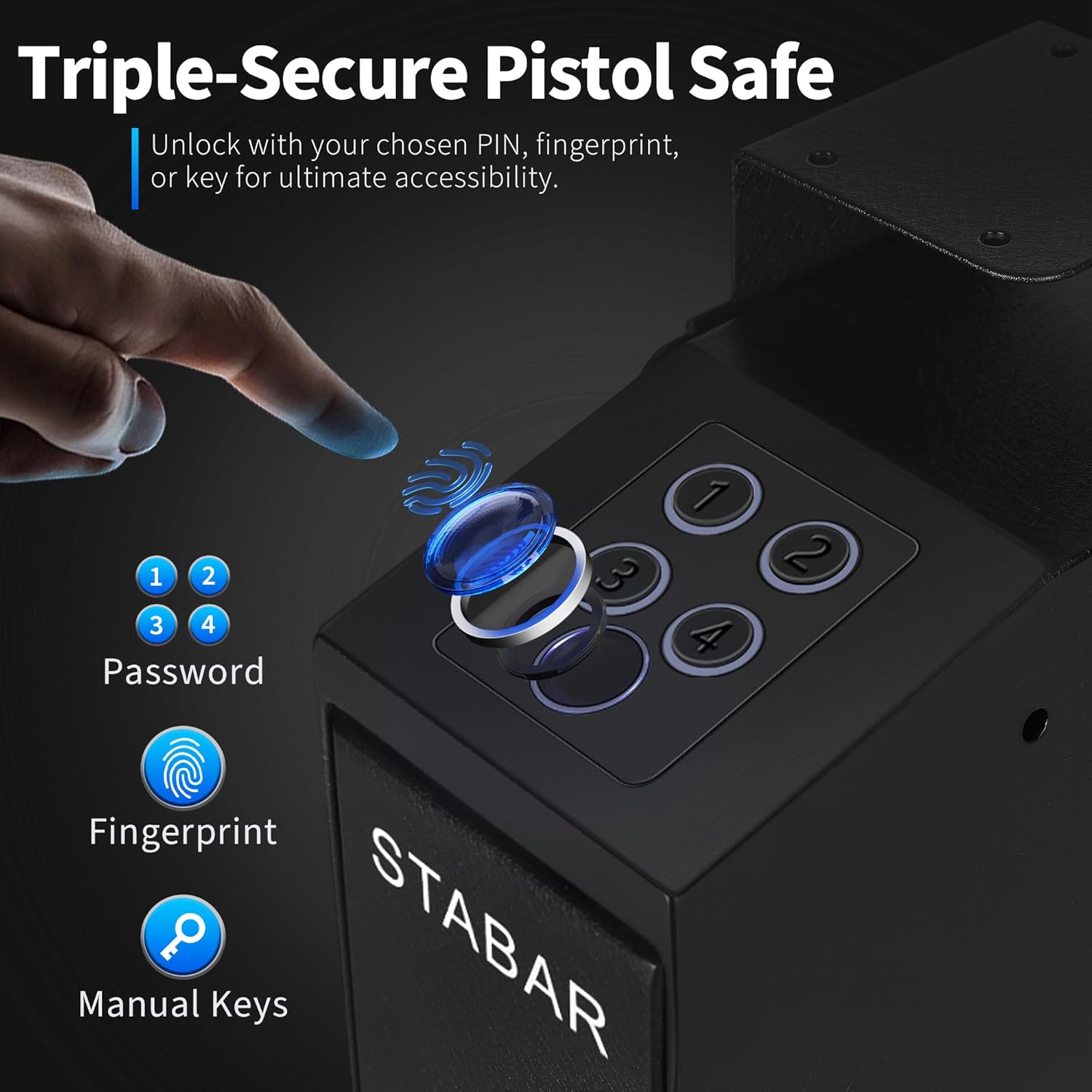 STABAR Caja fuerte para armas – Caja fuerte biométrica para pistola con huella digital, código PIN y entrada de llave, segura para pistola montada
