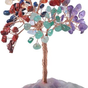 Rockcloud Coloridas piedras rodadas cristales árbol de dinero adorno de escritorio para buena suerte y riqueza, base de fluorita Rockcloud Coloridas piedras rodadas cristales árbol de dinero adorno de escritorio para buena suerte y riqueza, base de fluorita