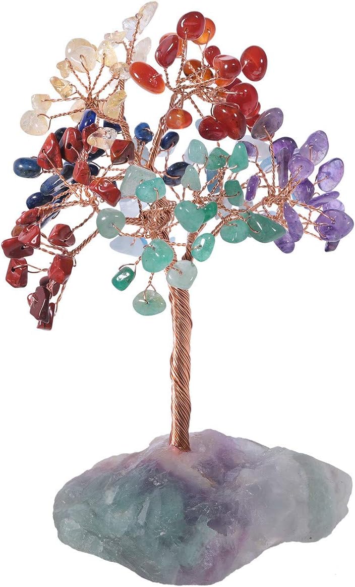 Rockcloud Coloridas piedras rodadas cristales árbol de dinero adorno de escritorio para buena suerte y riqueza, base de fluorita