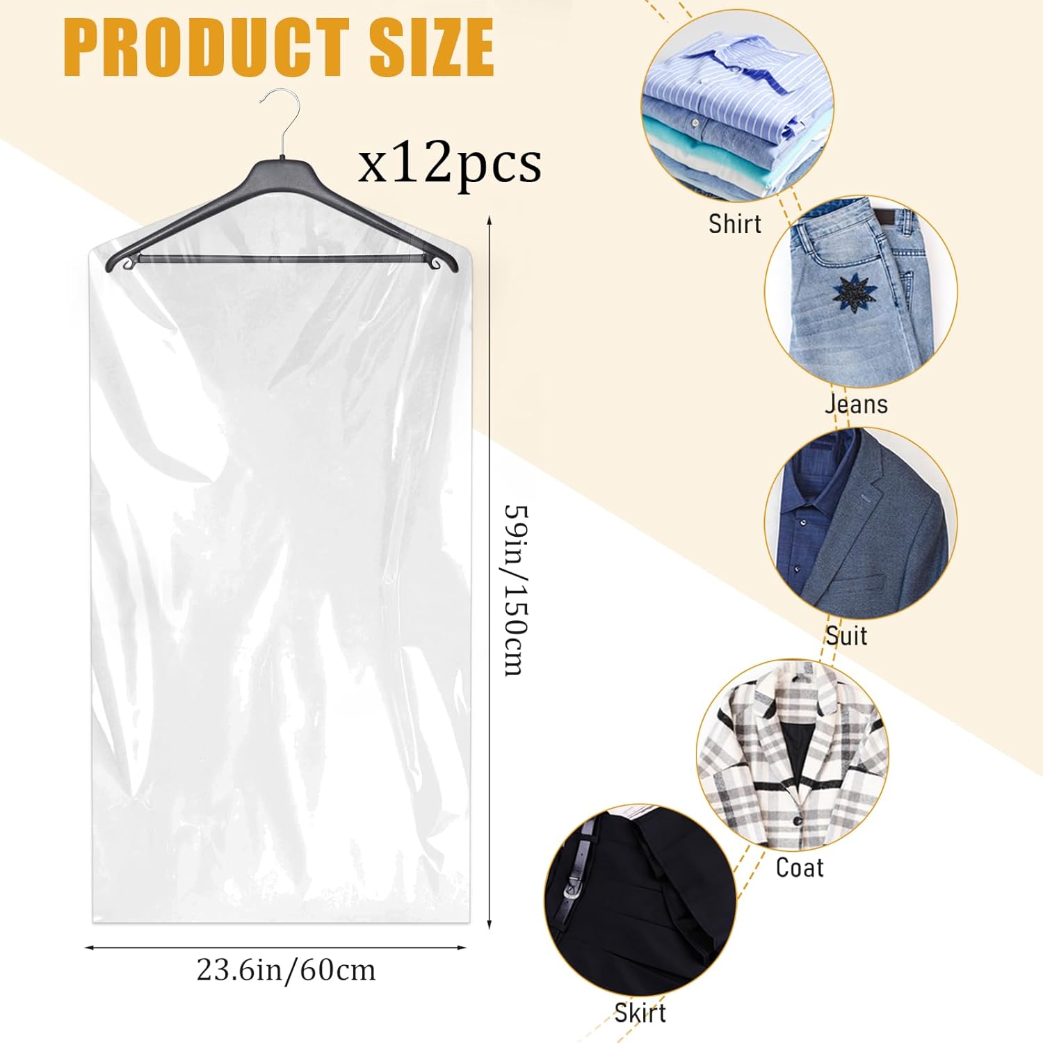 Paquete de 12 fundas de plástico para ropa de 23.6 x 59.1 in, a prueba de polvo, fundas protectoras para colgar, bolsas de ropa transparentes,