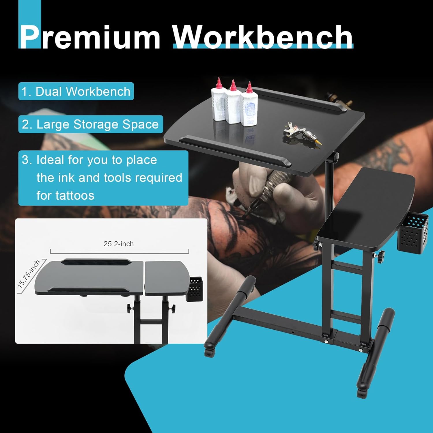 CNCEST Estación de trabajo portátil de tatuajes móviles para reposabrazos, mesa de trabajo con ruedas universales, altura ajustable