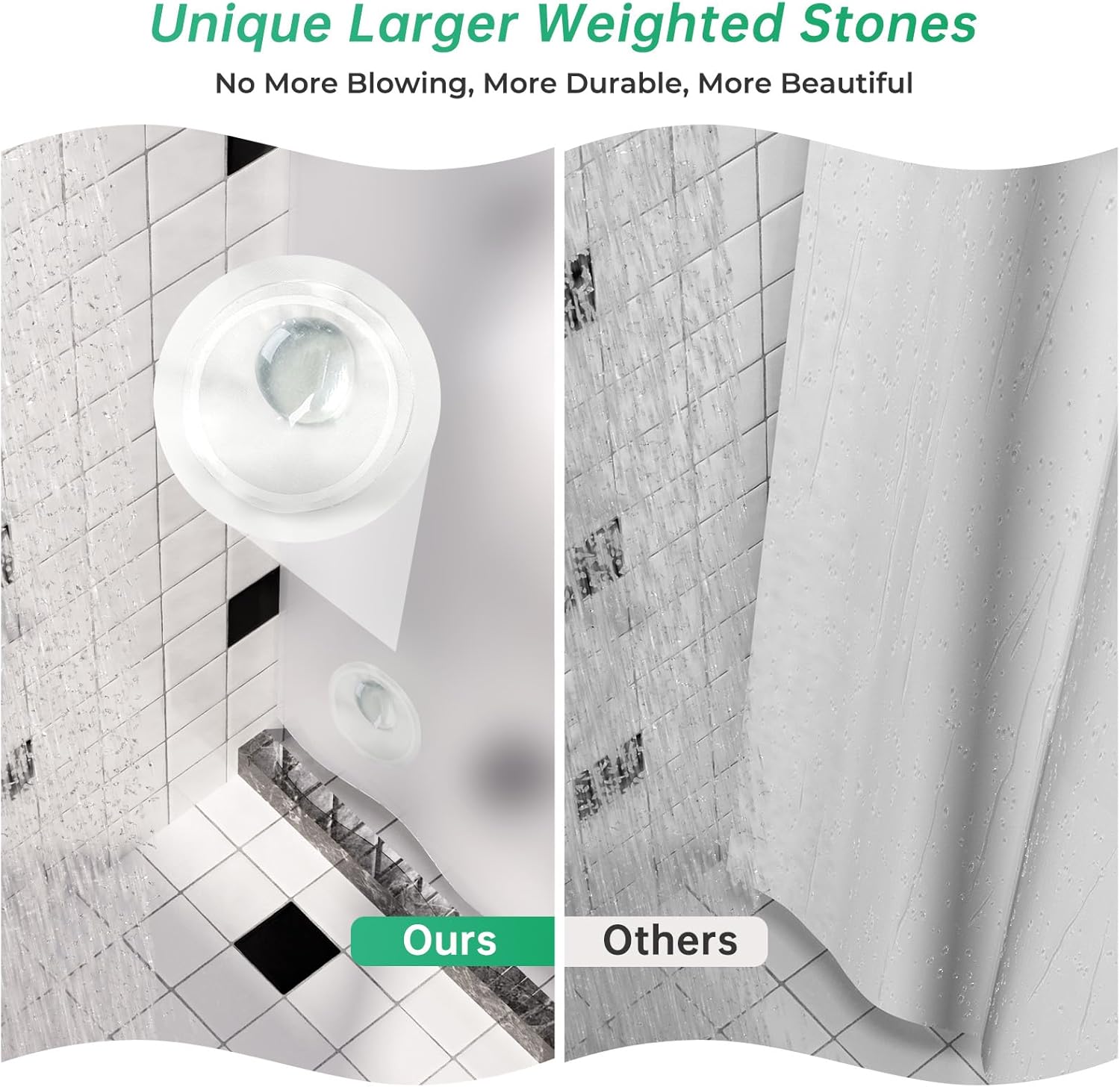 AmazerBath – Cortina de ducha de plástico, 70 x 72 pulgadas, cortina de ducha esmerilada de plástico, impermeable, pesada, gruesa, con 3 piedras